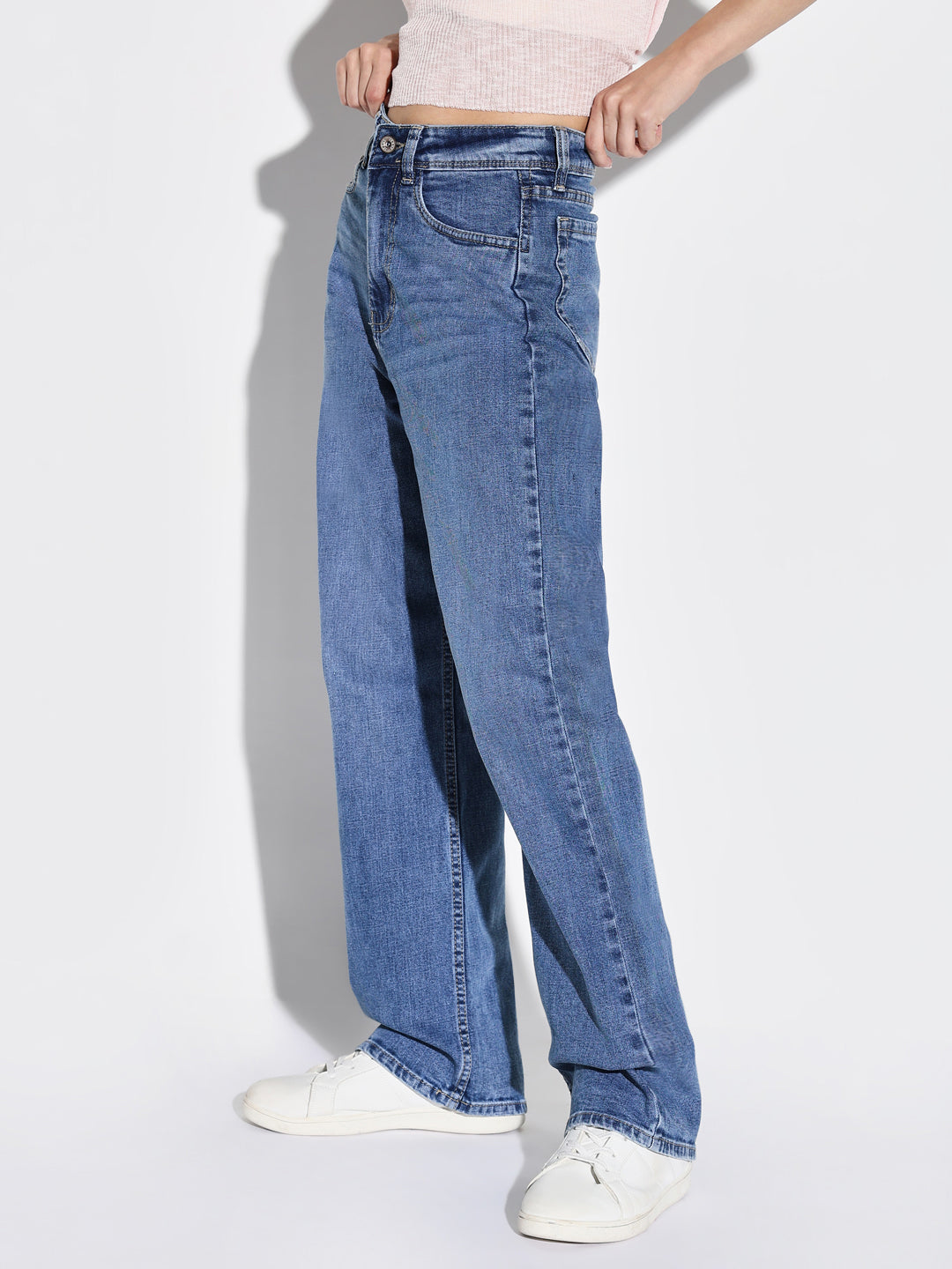 Women's Blue Comfort Wide Leg Light Fade Acid Wash Jeans
