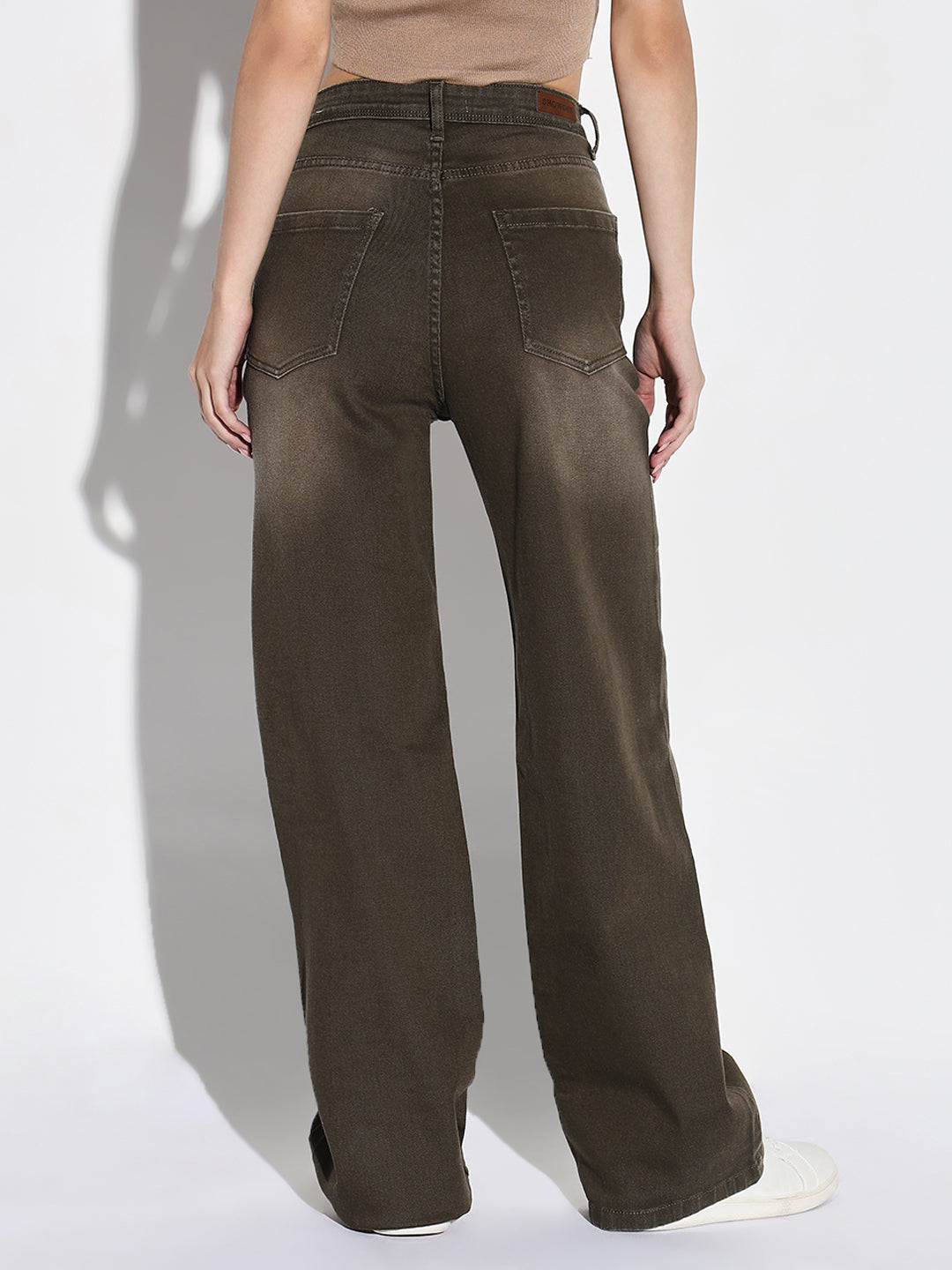 Women's Olive Mid-Rise Comfort Wide Leg Light Fade Acid Wash Stretchable Jeans