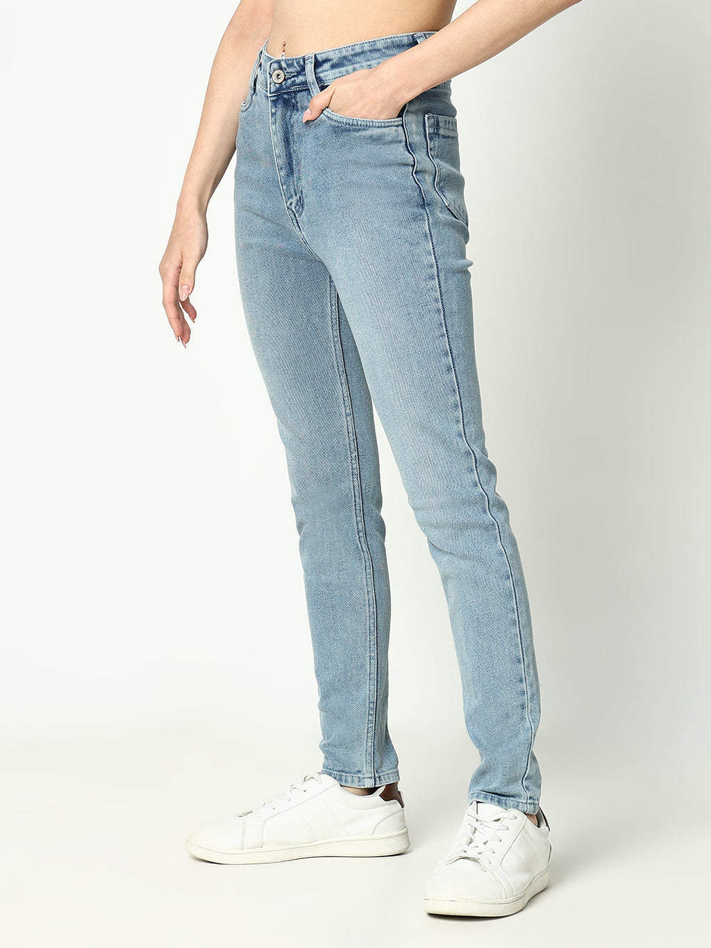 Women's Blue Comfort Slim Fit Light Fade Acid Wash Stretchable Mid-Rise Jeans