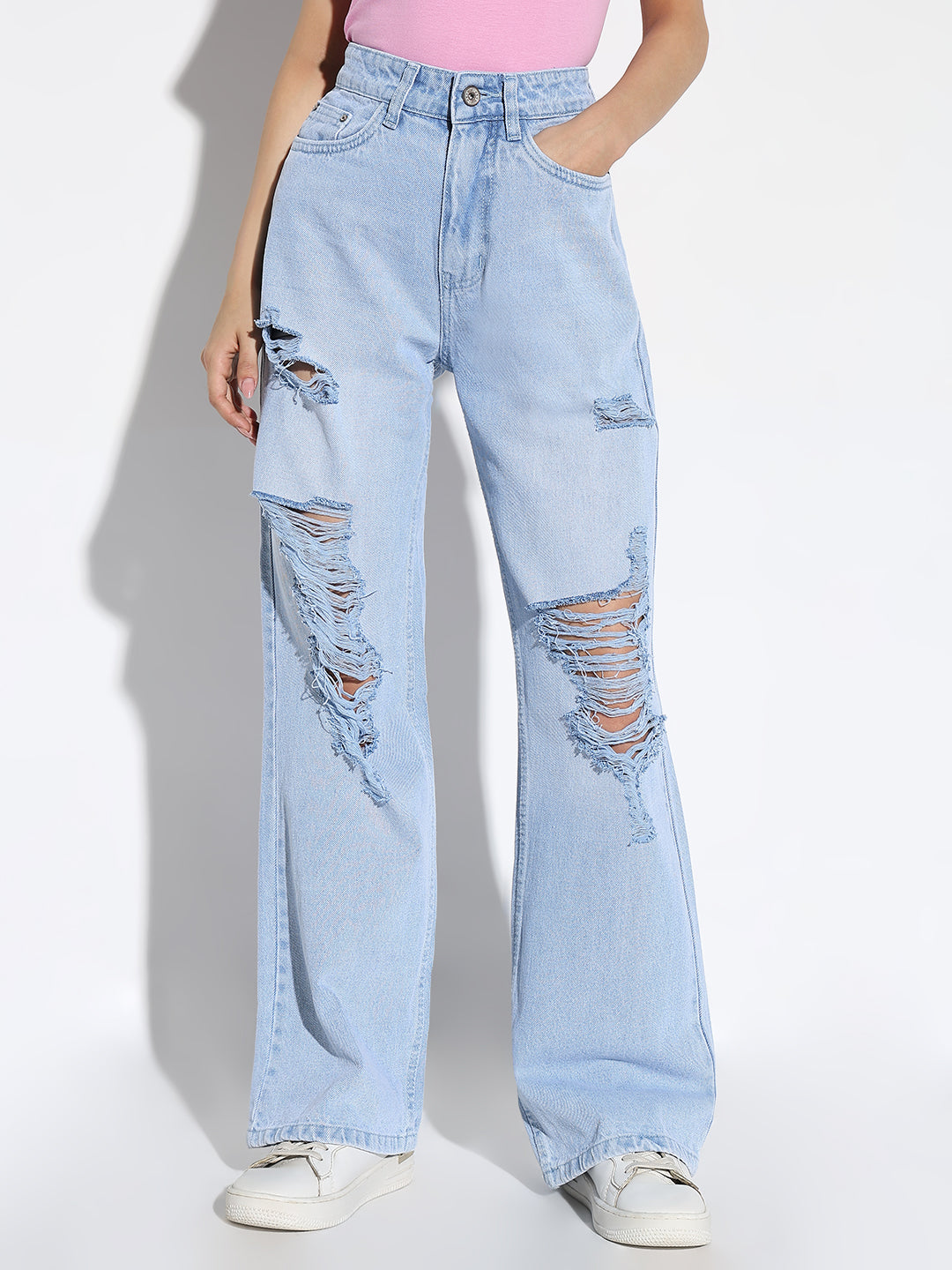 Women's Blue Comfort Wide Leg Highly Distressed Light Fade Denim Jeans