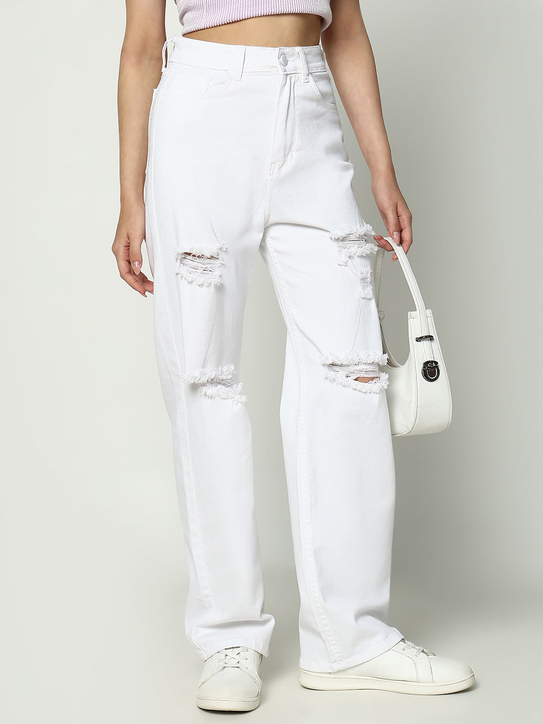 Women's White Solid Straight Fit Jeans