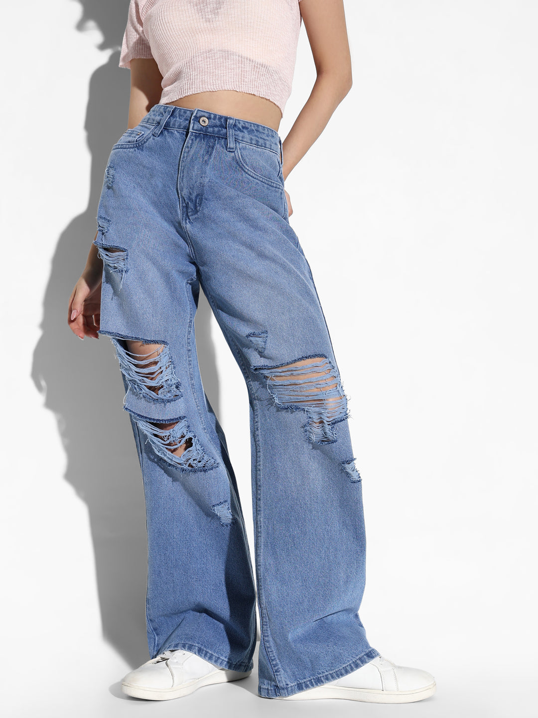 Women's Blue Comfort Wide Leg Highly Distressed Light Fade Acid Wash Jeans