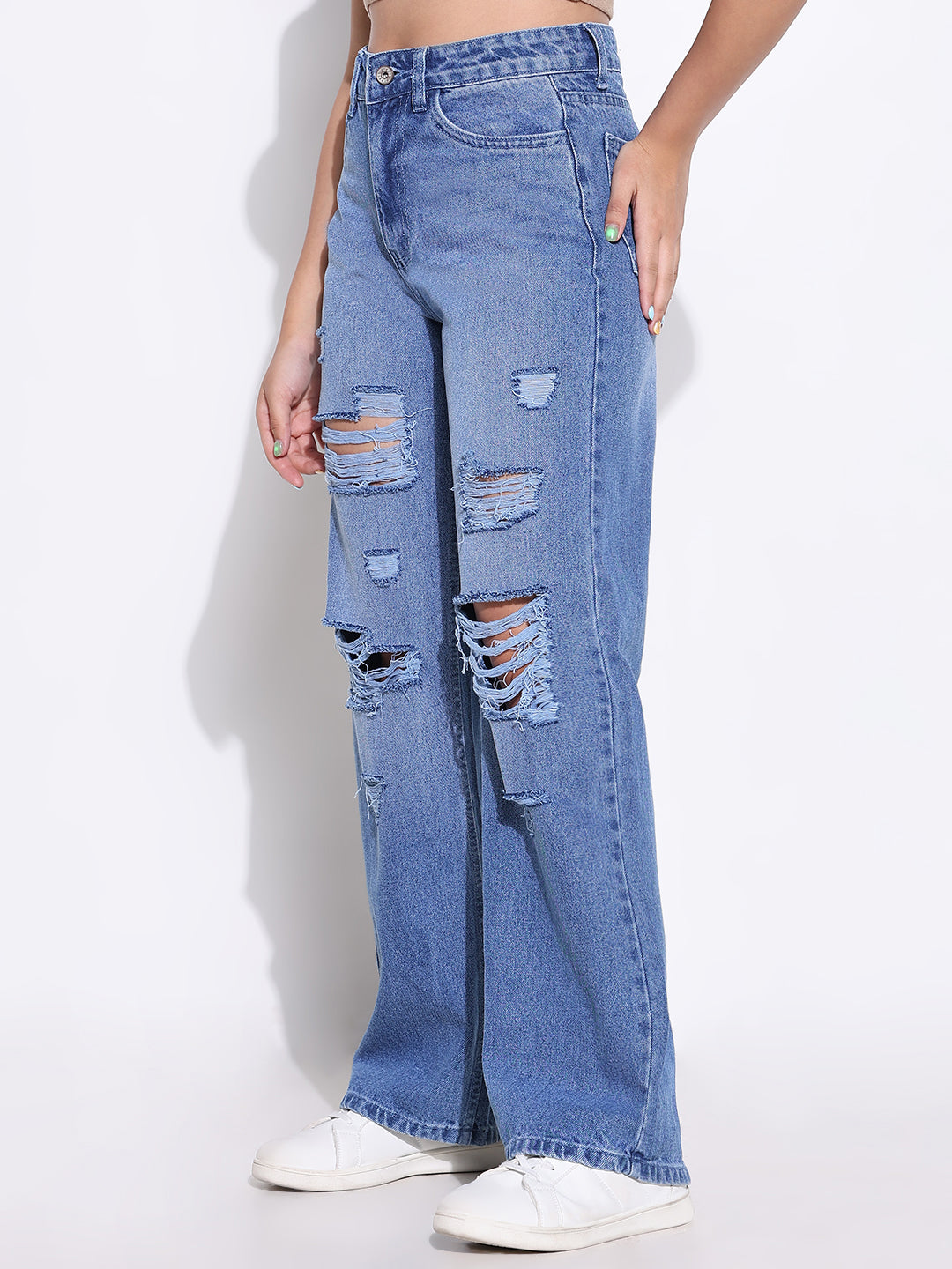 Women's Blue Comfort Wide Leg Highly Distressed Light Fade Acid Wash Jeans