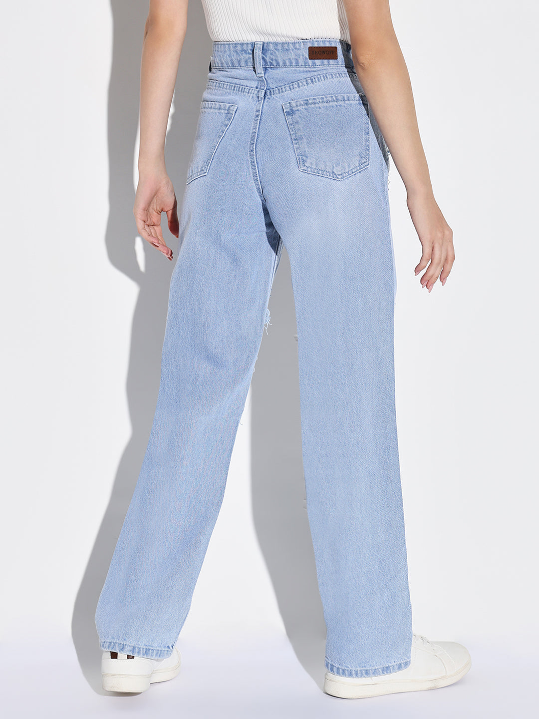 Women's Blue Comfort Wide Leg Highly Distressed Light Fade Jeans