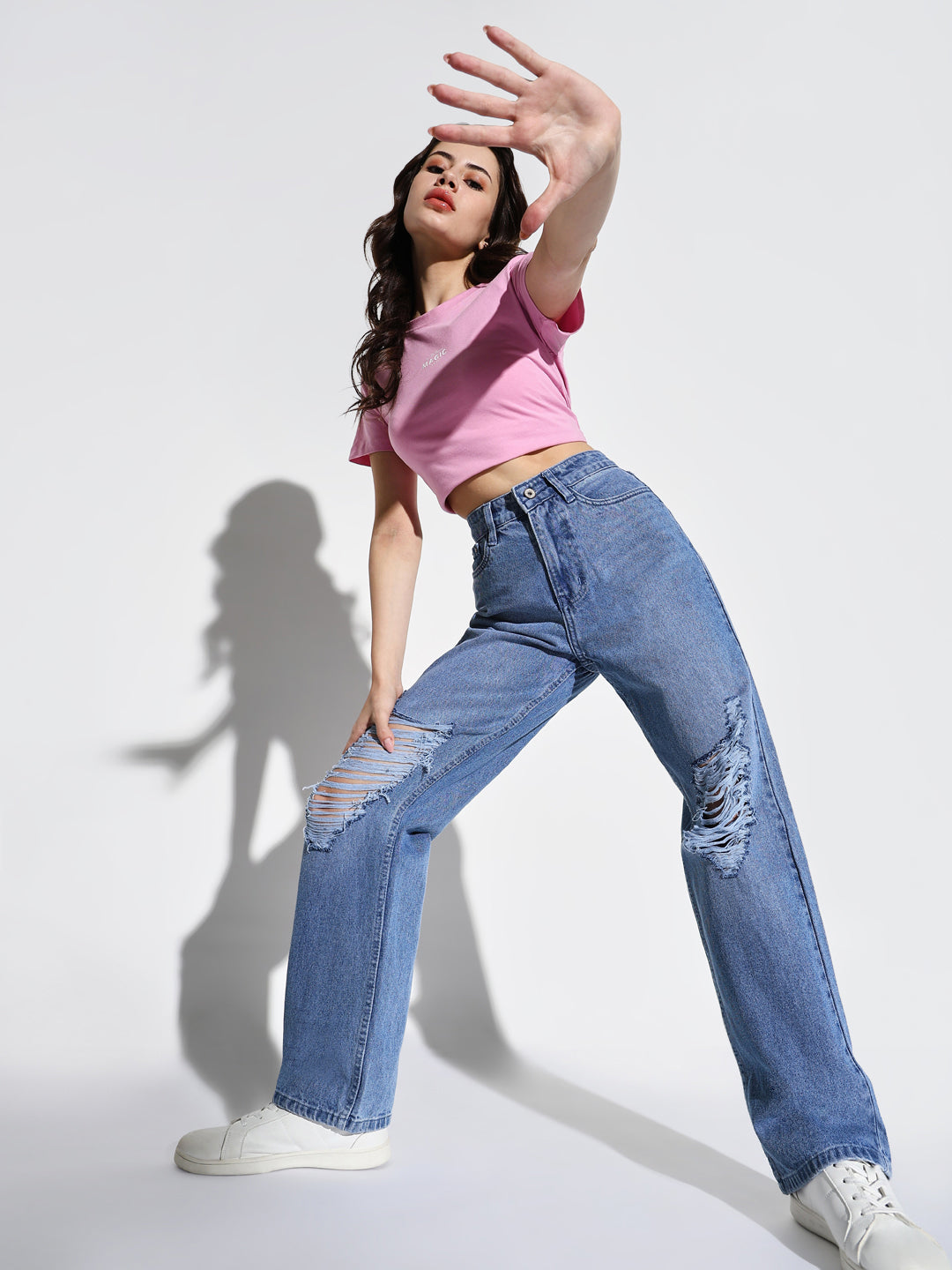 Women's Blue Comfort Wide Leg Highly Distressed Light Fade Acid Wash Stretchable Jeans