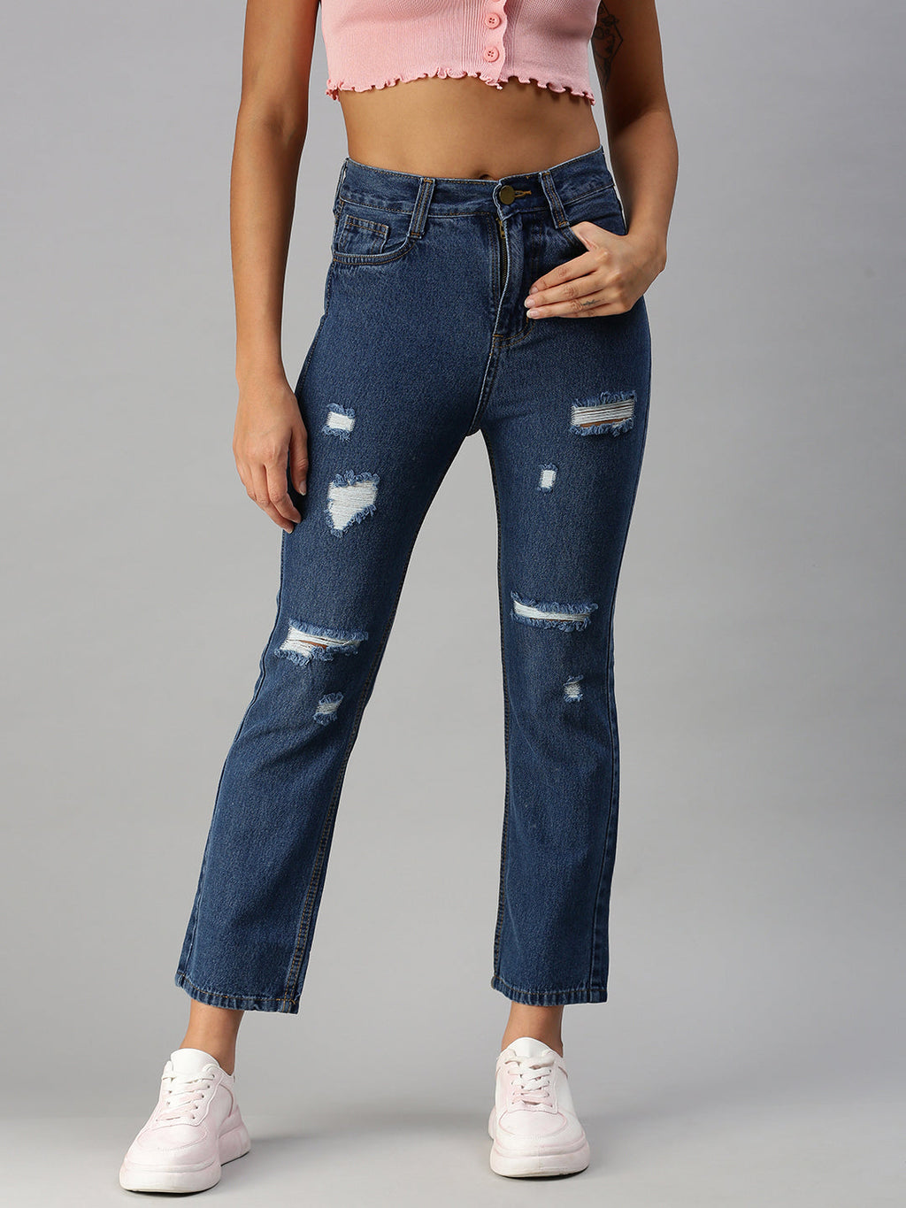 Women's Blue Straight Fit High-Rise Mildly Distressed Light Fade Jeans