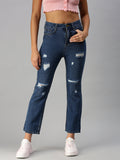 Women's Blue Straight Fit High-Rise Mildly Distressed Light Fade Jeans