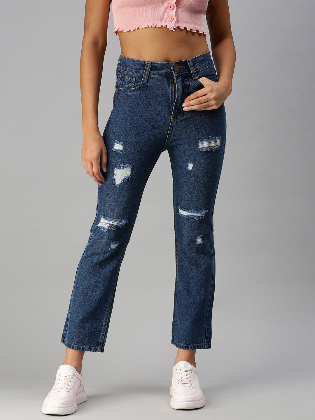 Women's Blue Straight Fit High-Rise Mildly Distressed Light Fade Jeans