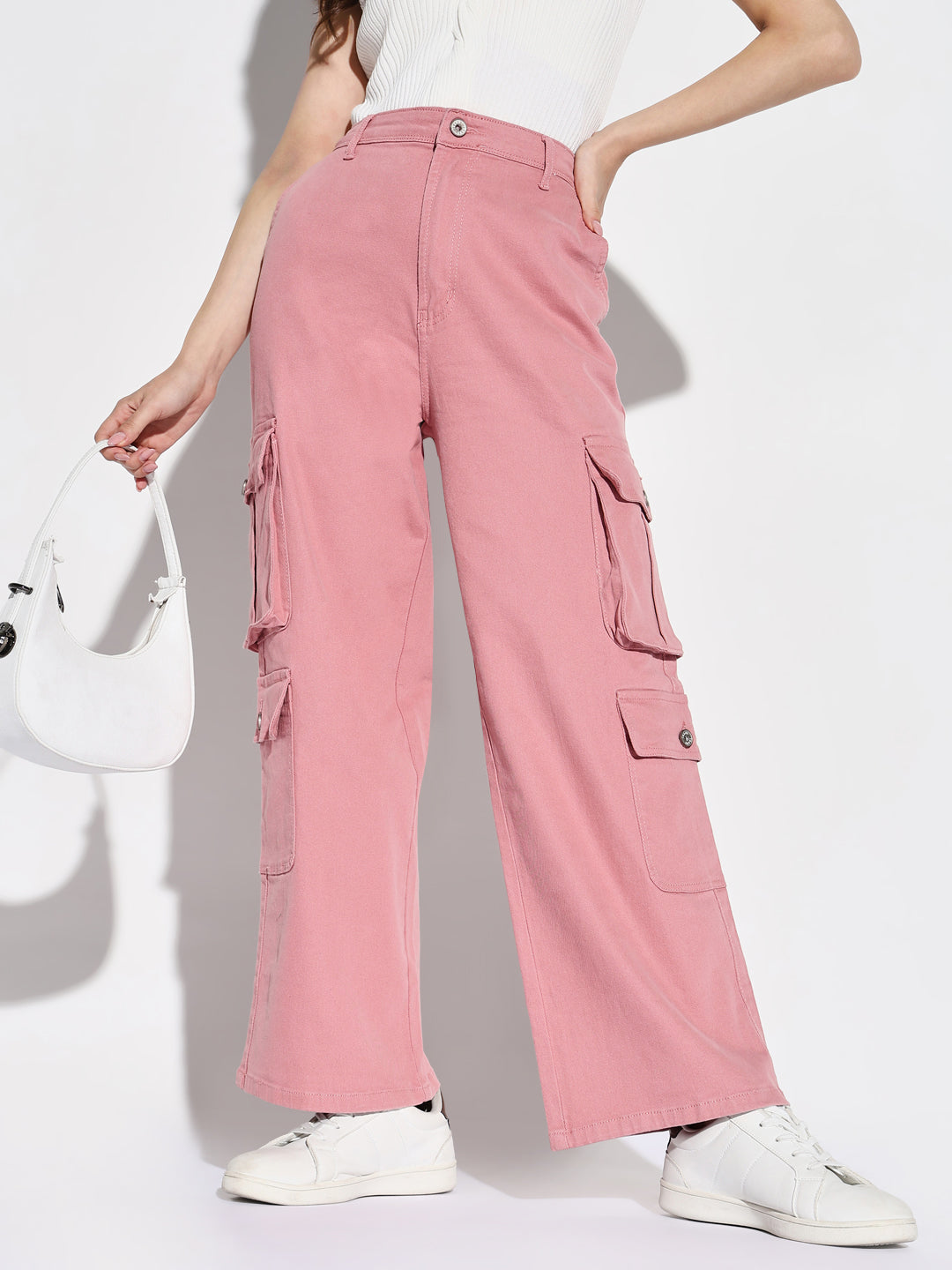 Women's Pink Comfort Mid-Rise Cotton Wide Leg Jeans