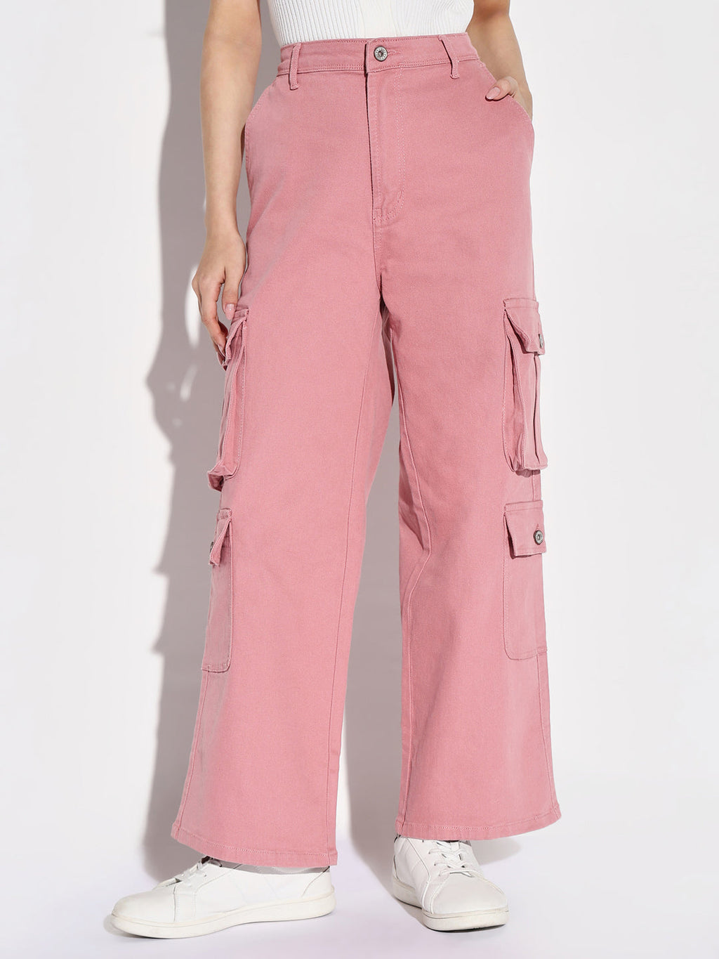 Women's Pink Comfort Mid-Rise Cotton Wide Leg Jeans