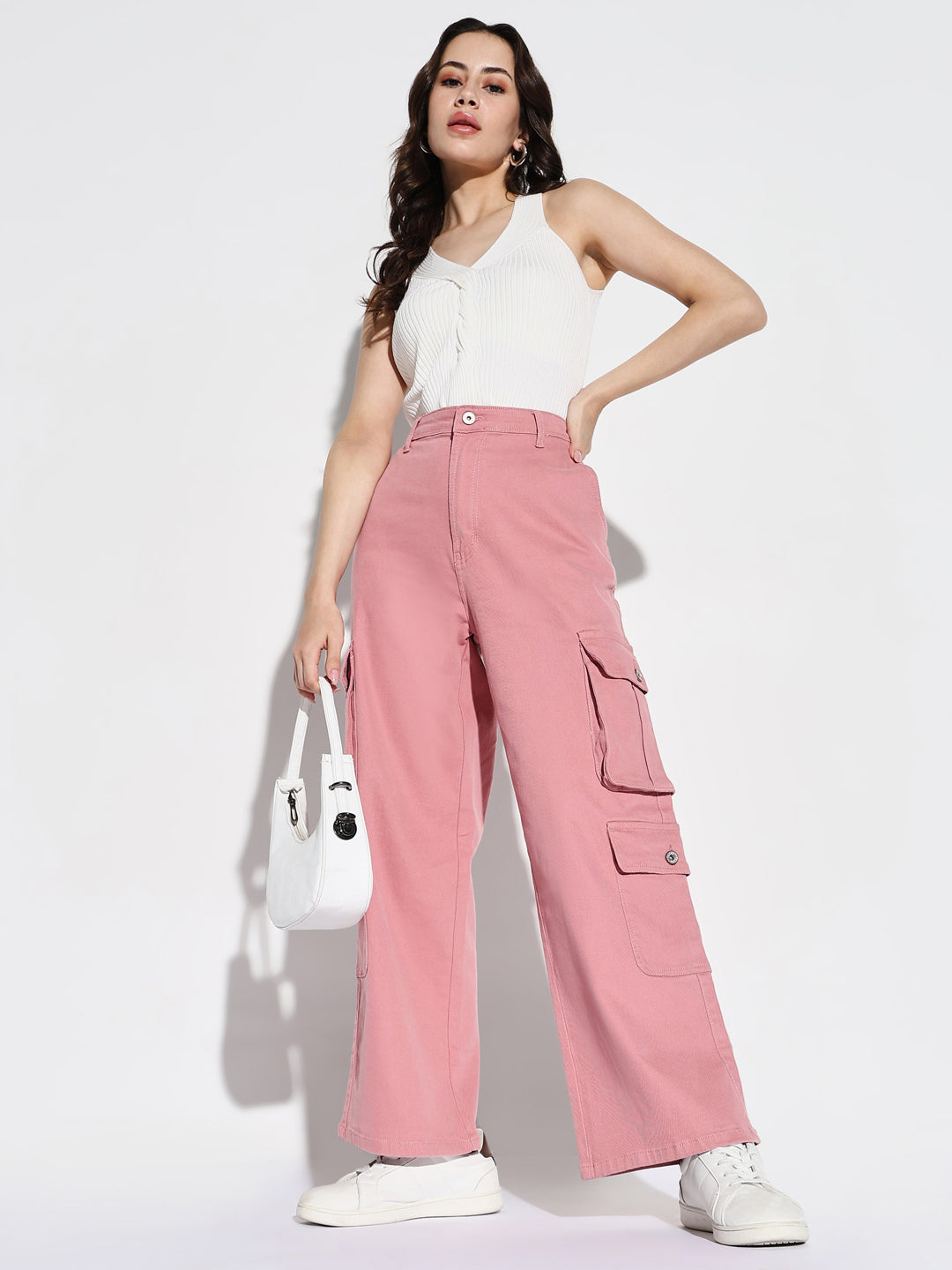 Women's Pink Comfort Mid-Rise Cotton Wide Leg Jeans
