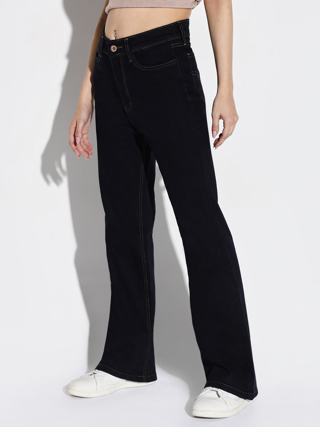 Women's Navy Blue Cotton Comfort Bootcut Stretchable Clean Look Mid-Rise Jeans