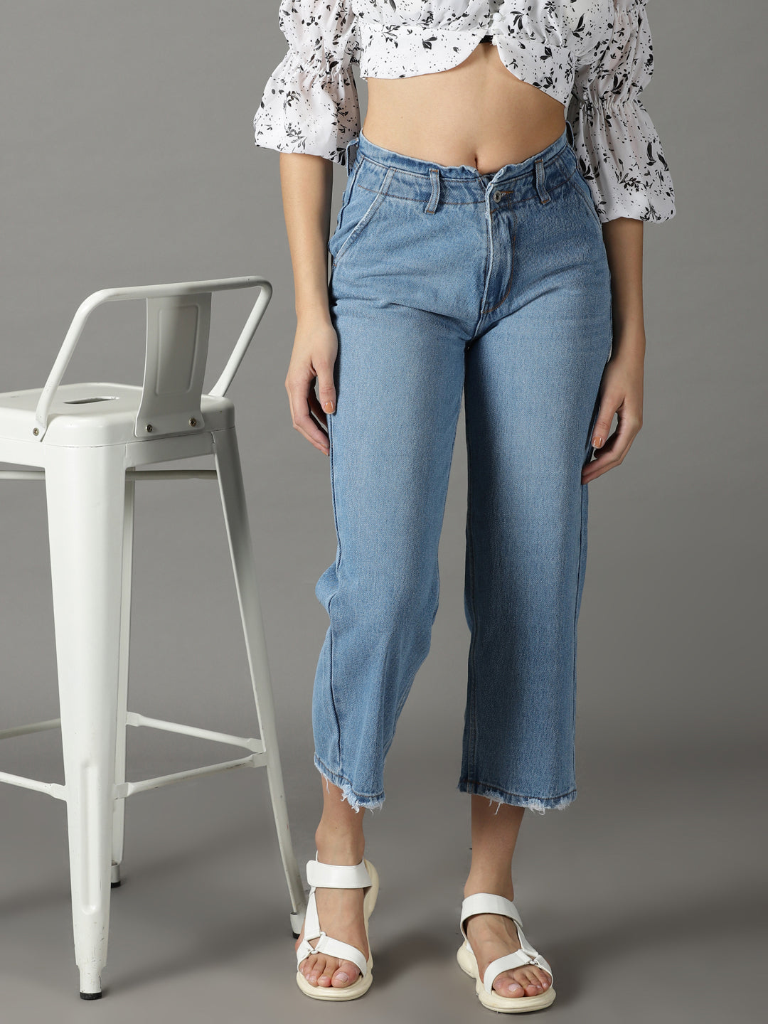 Women's Blue Wide Leg High-Rise Cropped Stretchable Jeans