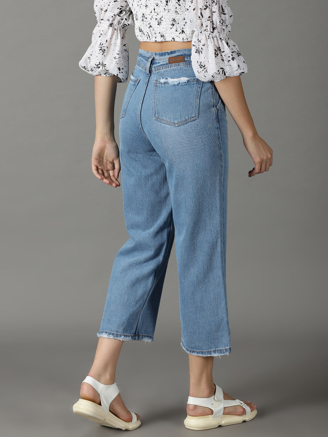 Women's Blue Wide Leg High-Rise Cropped Stretchable Jeans