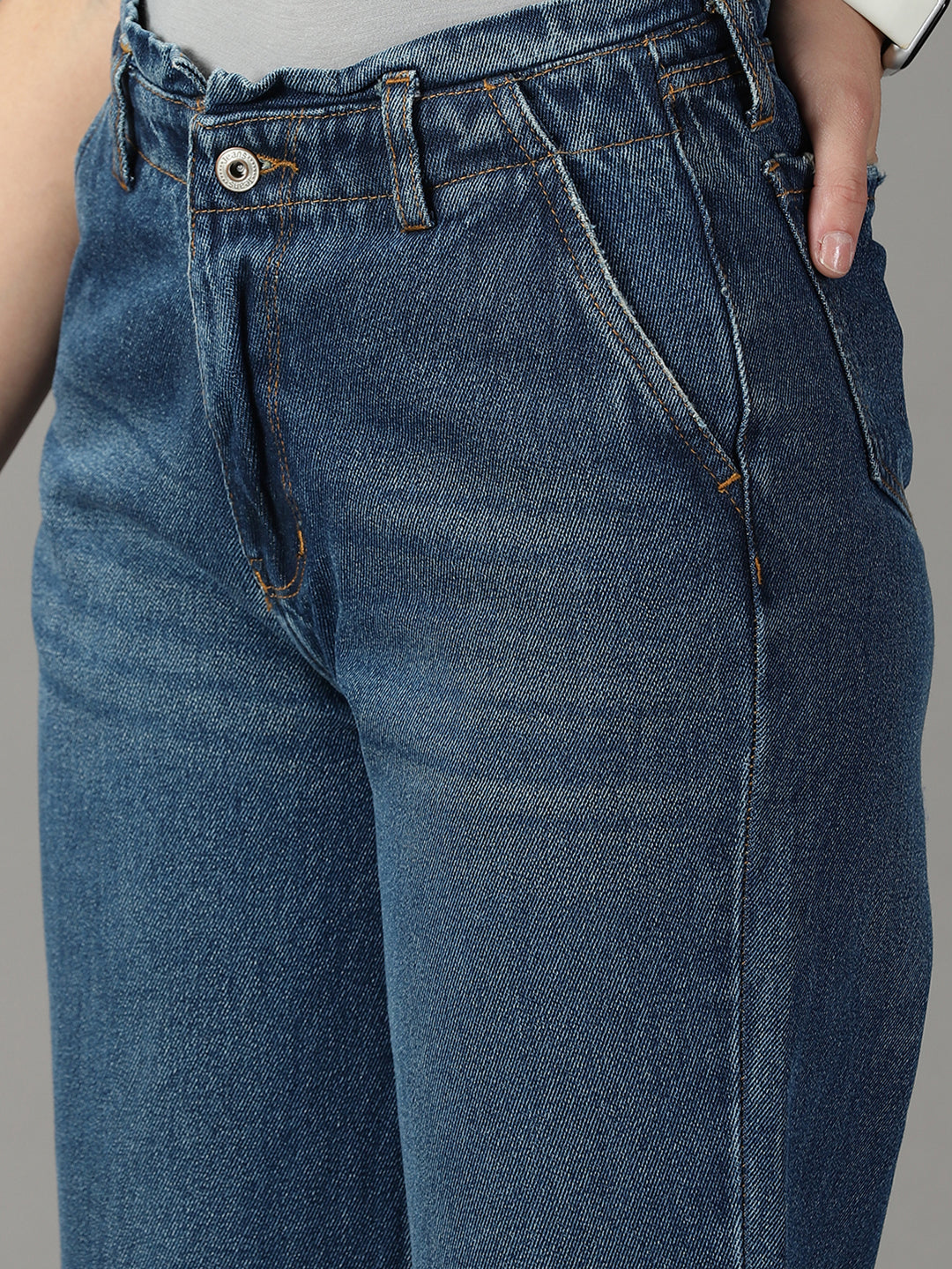 Women's Blue Wide Leg High-Rise Mildly Distressed Light Fade Acid Wash Stretchable Jeans