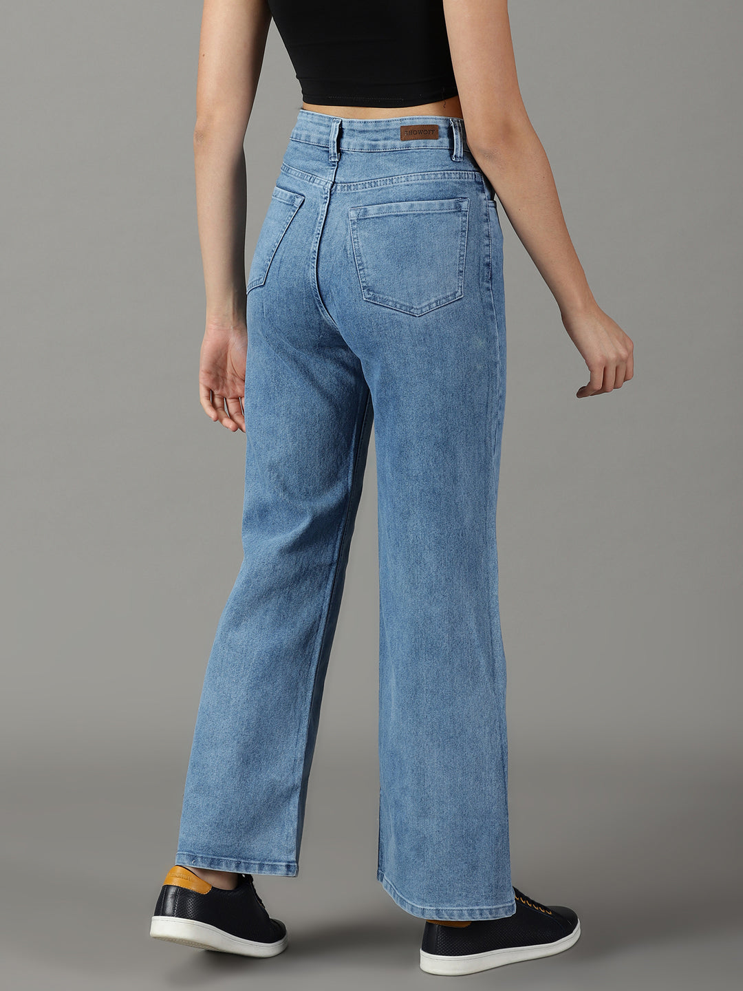 Women's Blue Wide Leg Mid-Rise Bleached Stretchable Cotton Jeans