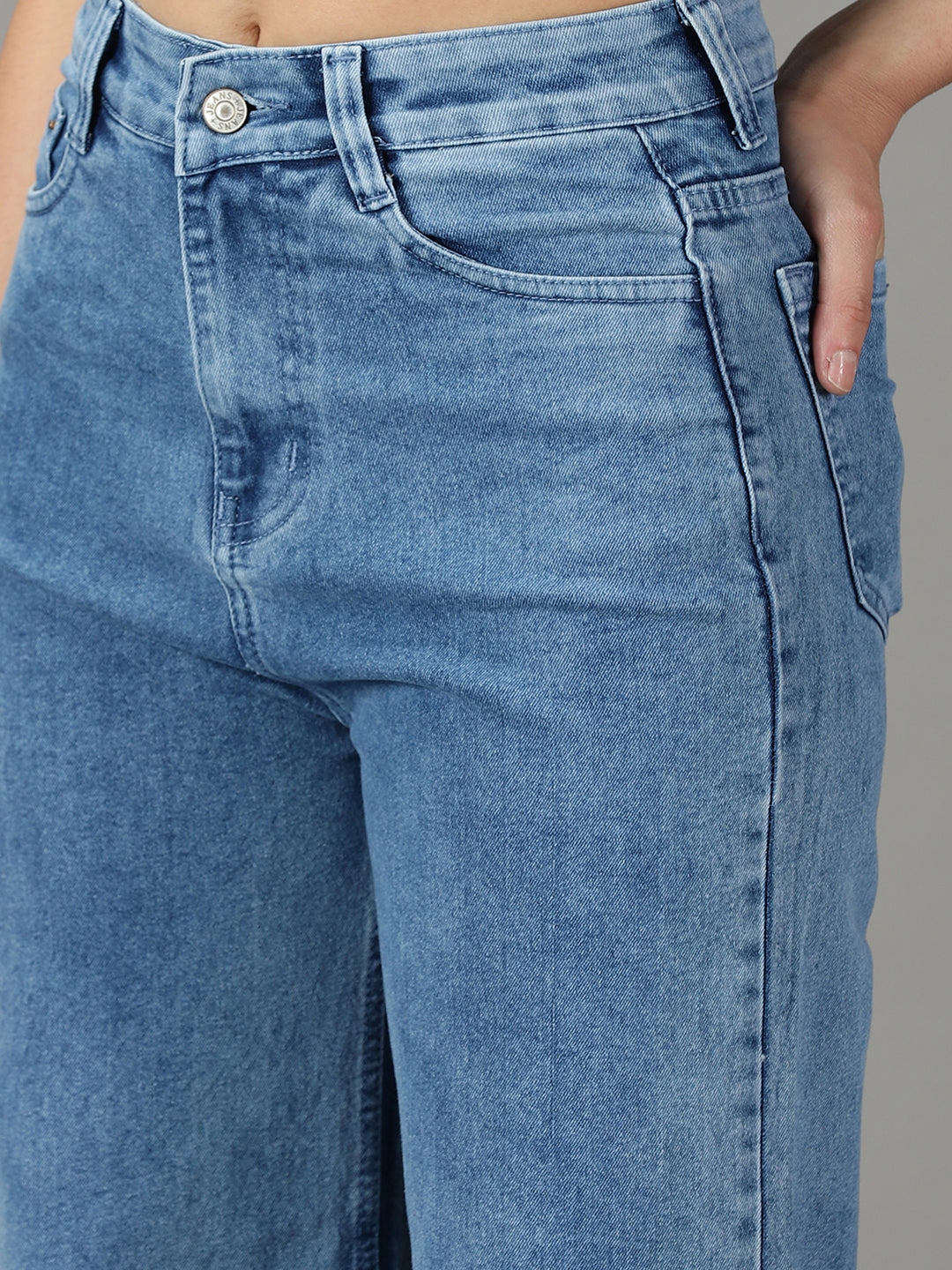 Women's Blue Wide Leg Mid-Rise Bleached Stretchable Cotton Jeans