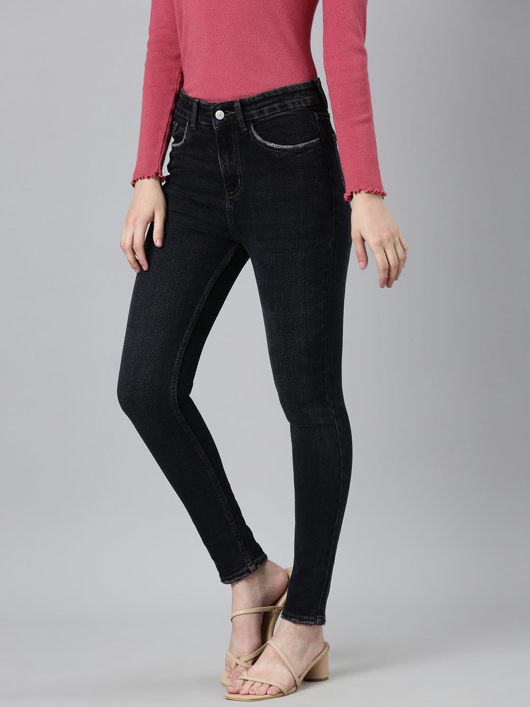 Women's Dark Grey Jean Acid Wash Skinny Fit Mid-Rise Denim Jeans