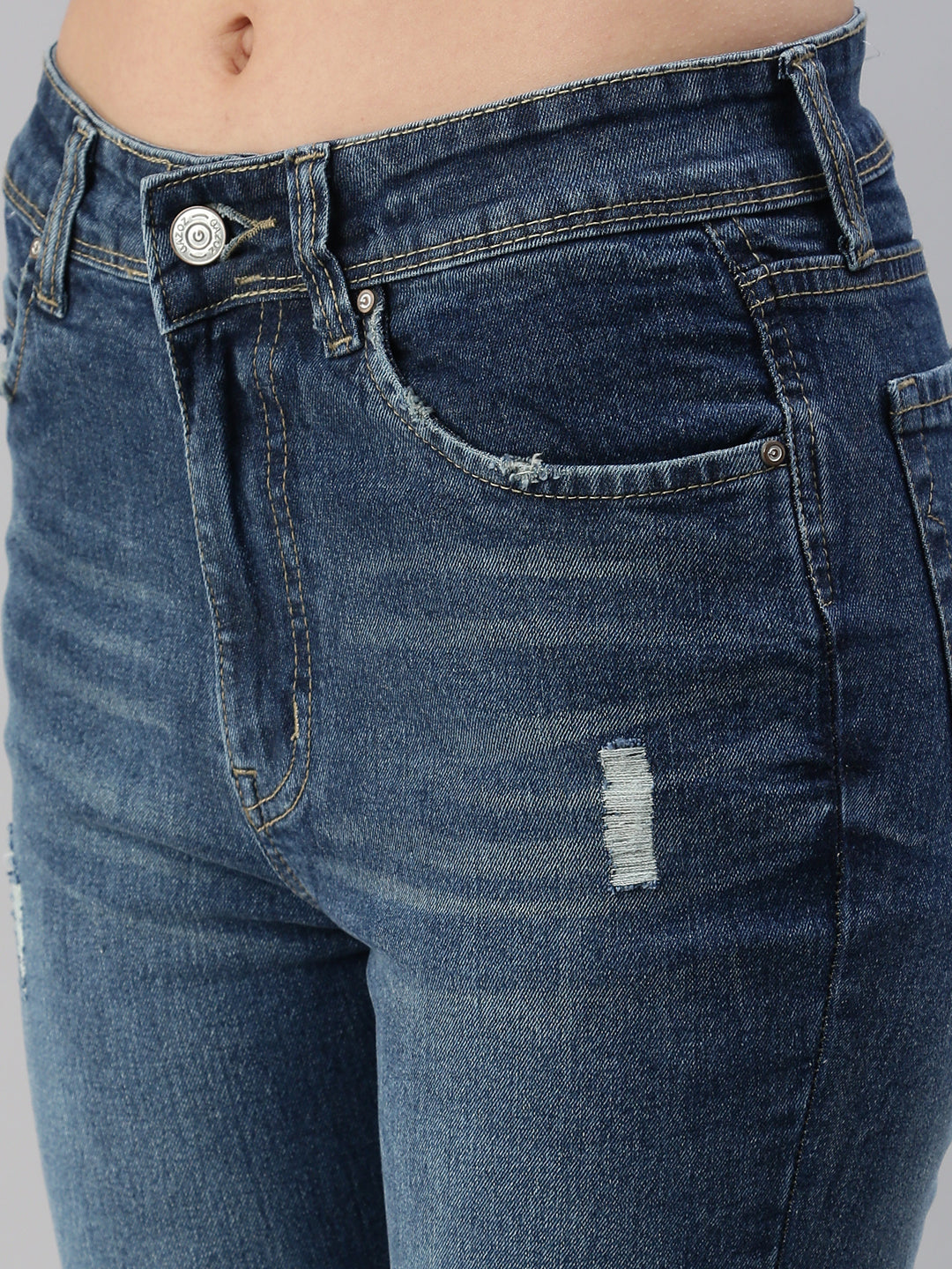 Women's Blue Slim Fit High-Rise Mildly Distressed Light Fade Stretchable Jeans