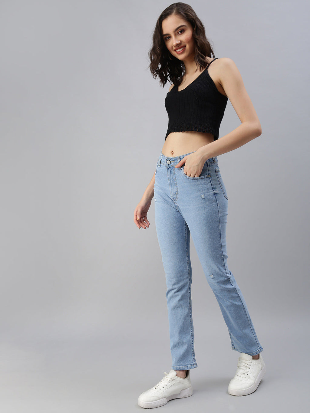 Women's Blue Straight Fit High-Rise Low Distress Light Fade Stretchable Jeans