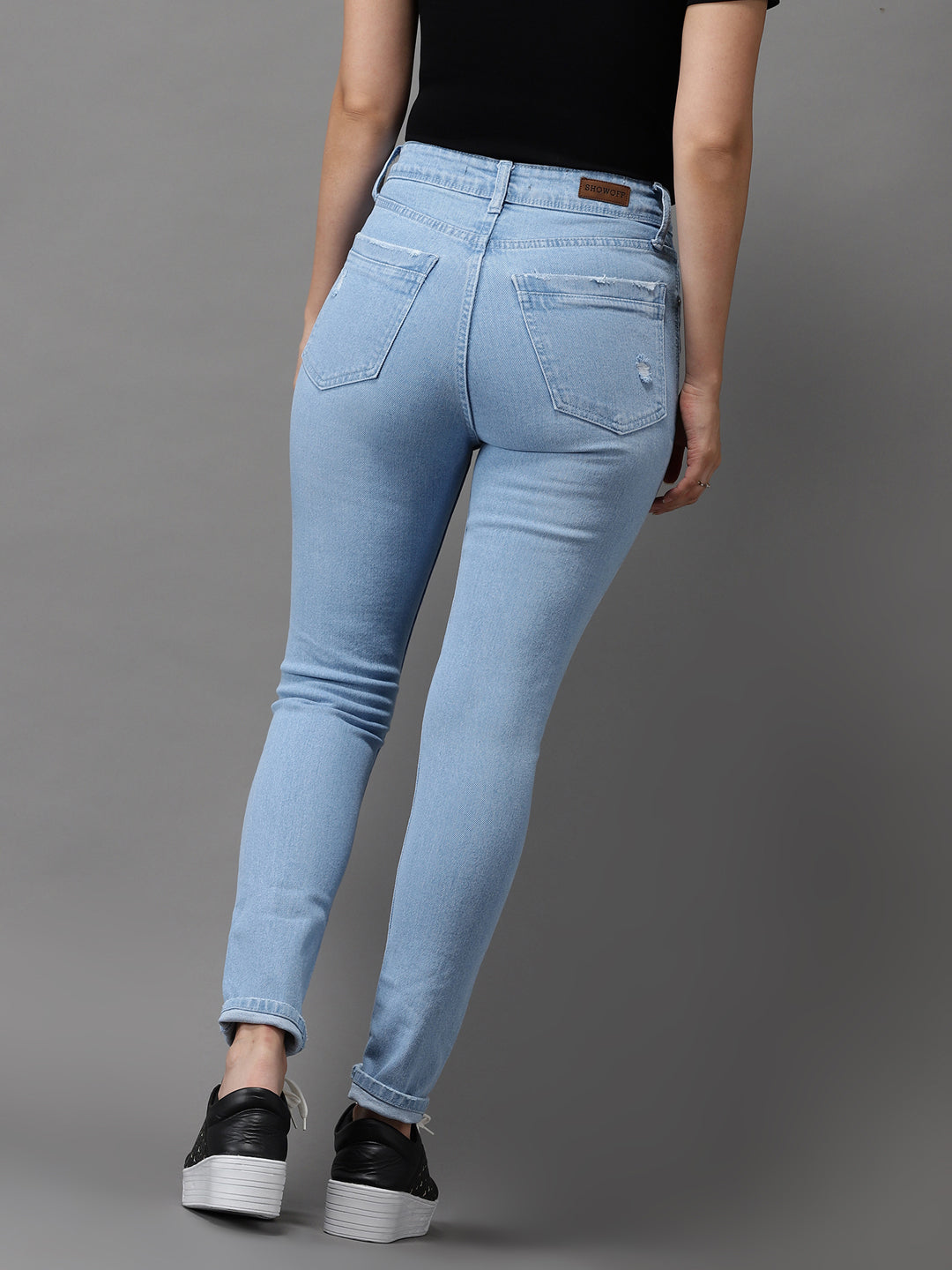 Women's Blue Jean Skinny Fit High-Rise Low Distress Light Fade Stretchable Jeans