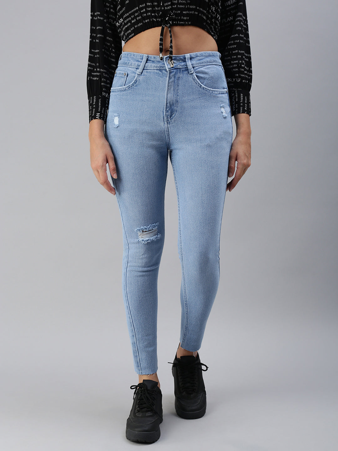 Women's Blue Skinny Fit High-Rise Mildly Distressed Stretchable Jeans