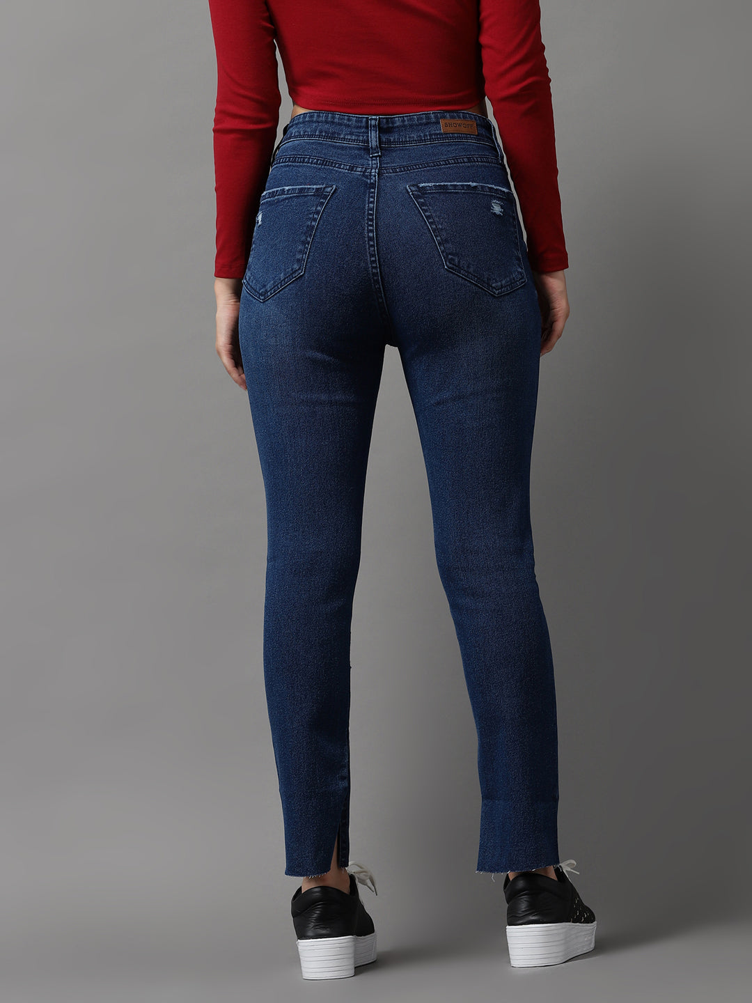 Women's Navy Blue Jean Slim Fit High-Rise Mildly Distressed Light Fade Stretchable Jeans
