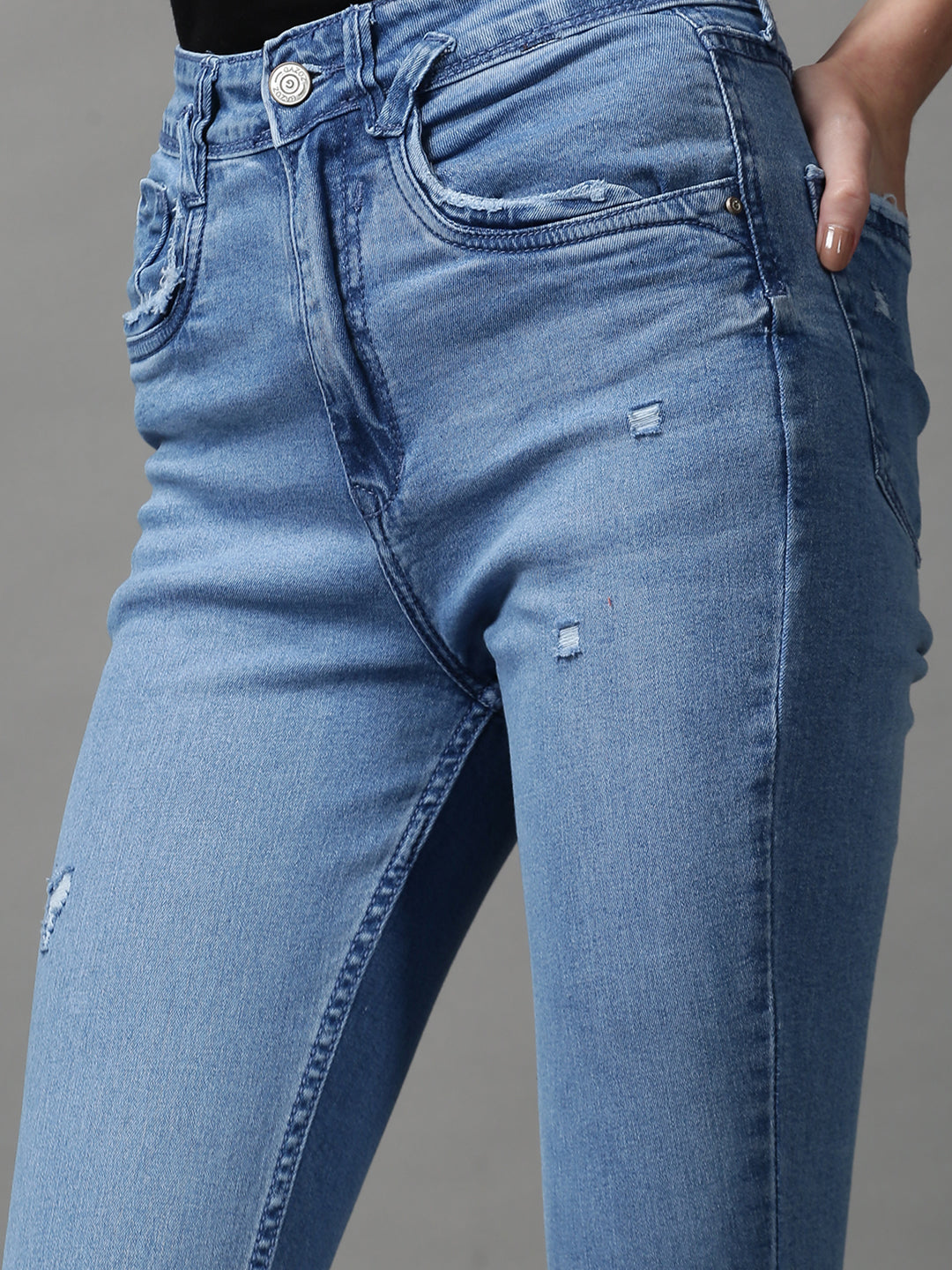 Women's Blue Skinny Fit High-Rise Low Distress Light Fade Stretchable Denim Jeans