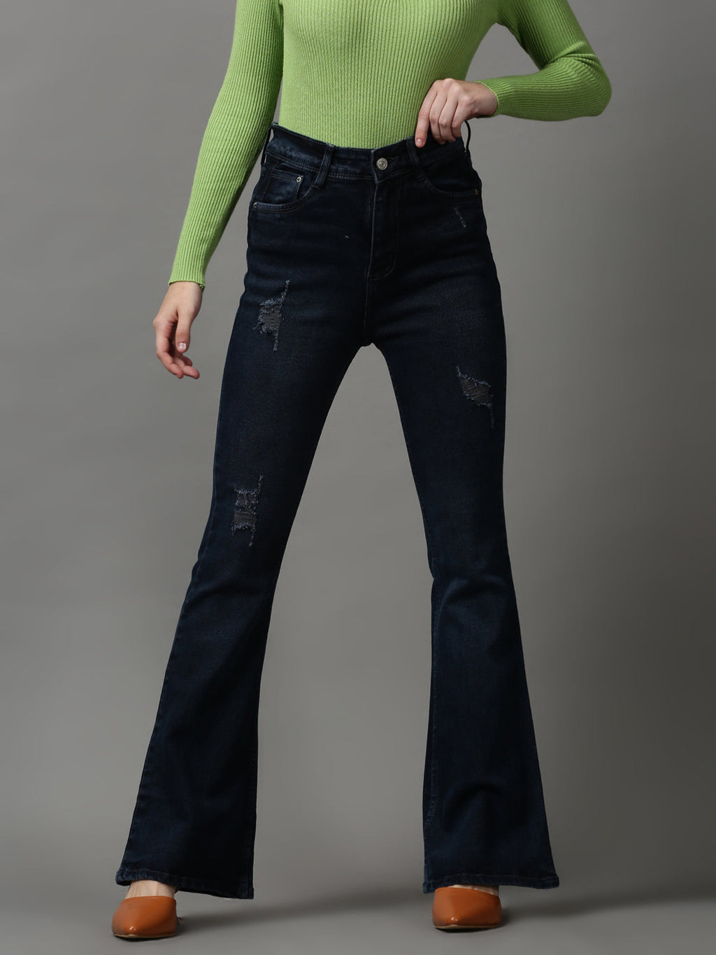 Women's Navy Blue Bootcut Mildly Distressed Light Fade Stretchable Denim Jeans