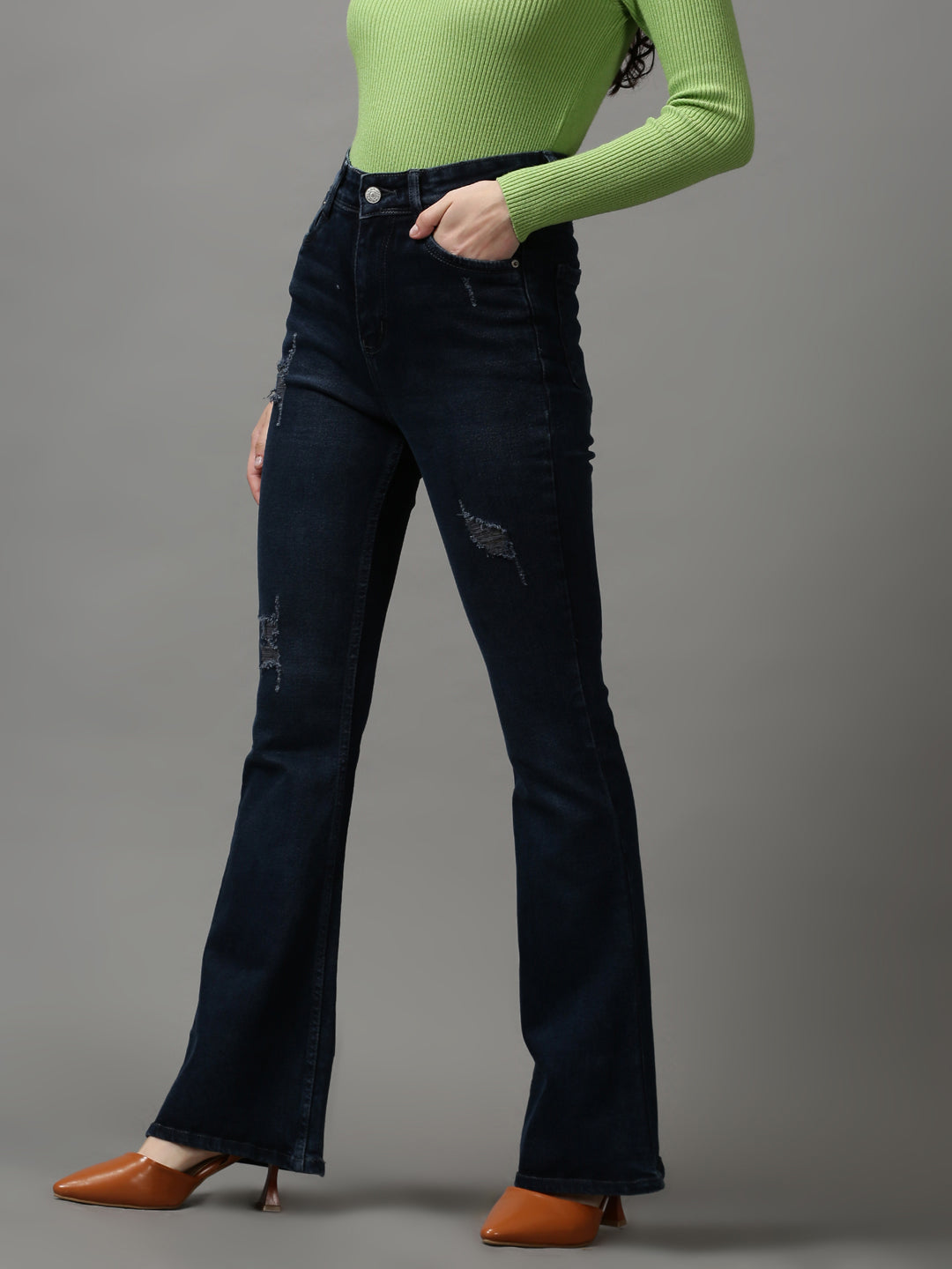 Women's Navy Blue Bootcut Mildly Distressed Light Fade Stretchable Denim Jeans