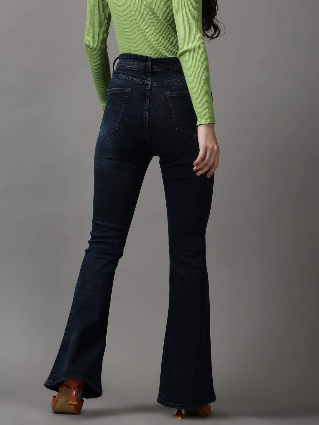 Women's Navy Blue Bootcut Mildly Distressed Light Fade Stretchable Denim Jeans