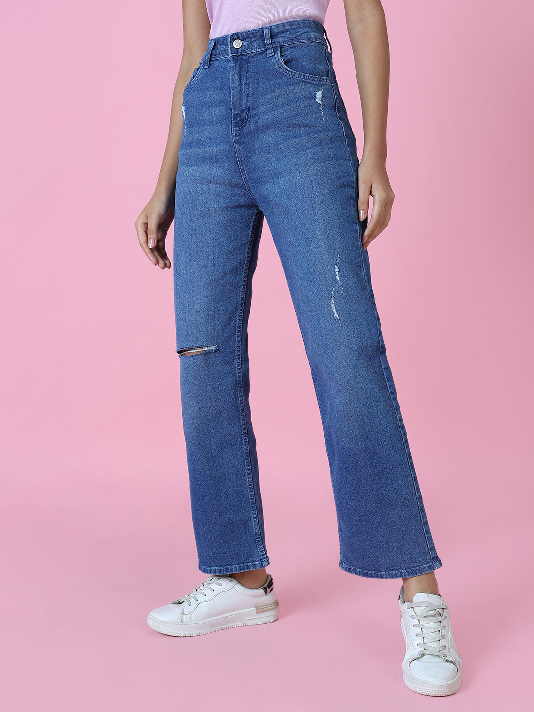 Women's Blue Wide Leg Slash Knee Light Fade Stretchable Denim Jeans