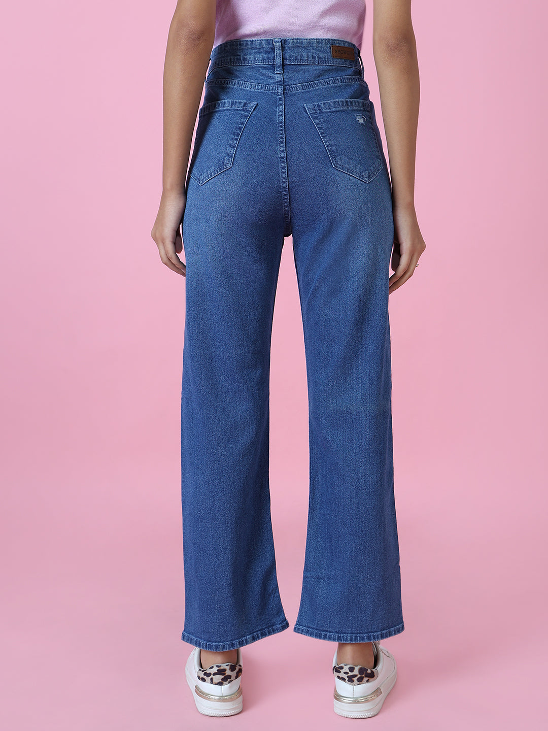Women's Blue Wide Leg Slash Knee Light Fade Stretchable Denim Jeans