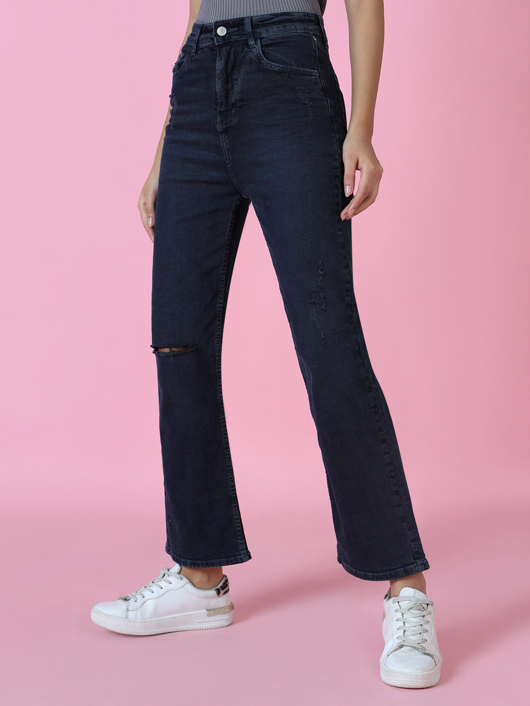 Women's Navy Blue Wide Leg Stretchable Denim Jeans