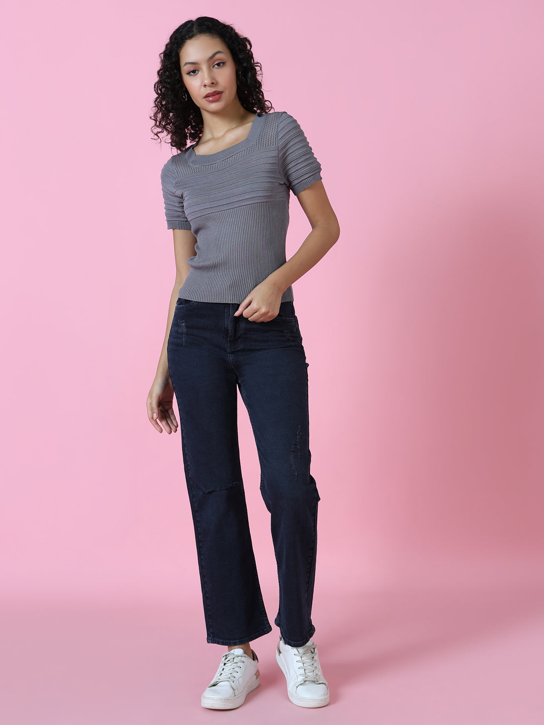 Women's Navy Blue Wide Leg Stretchable Denim Jeans