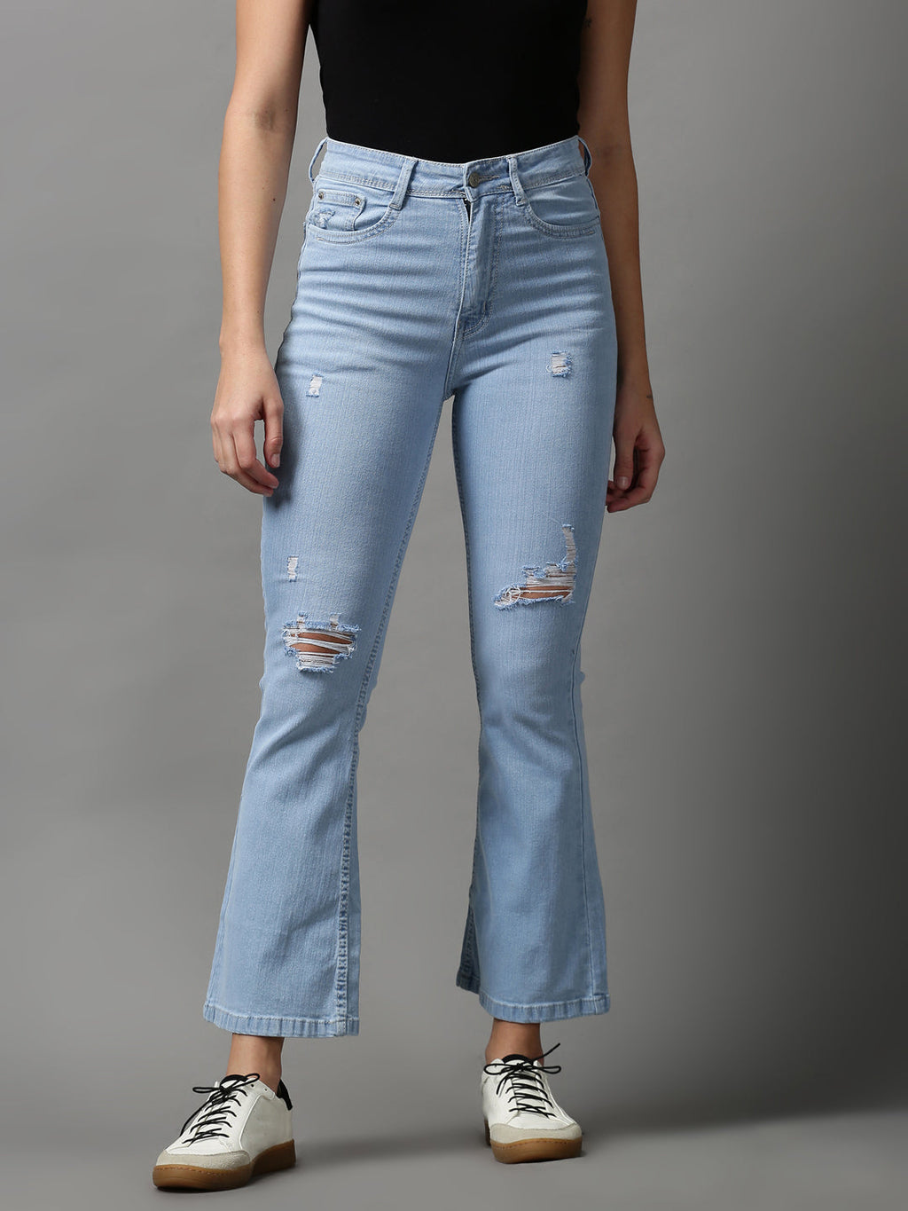 Women's Blue Bootcut Mildly Distressed Light Fade Stretchable Denim Jeans