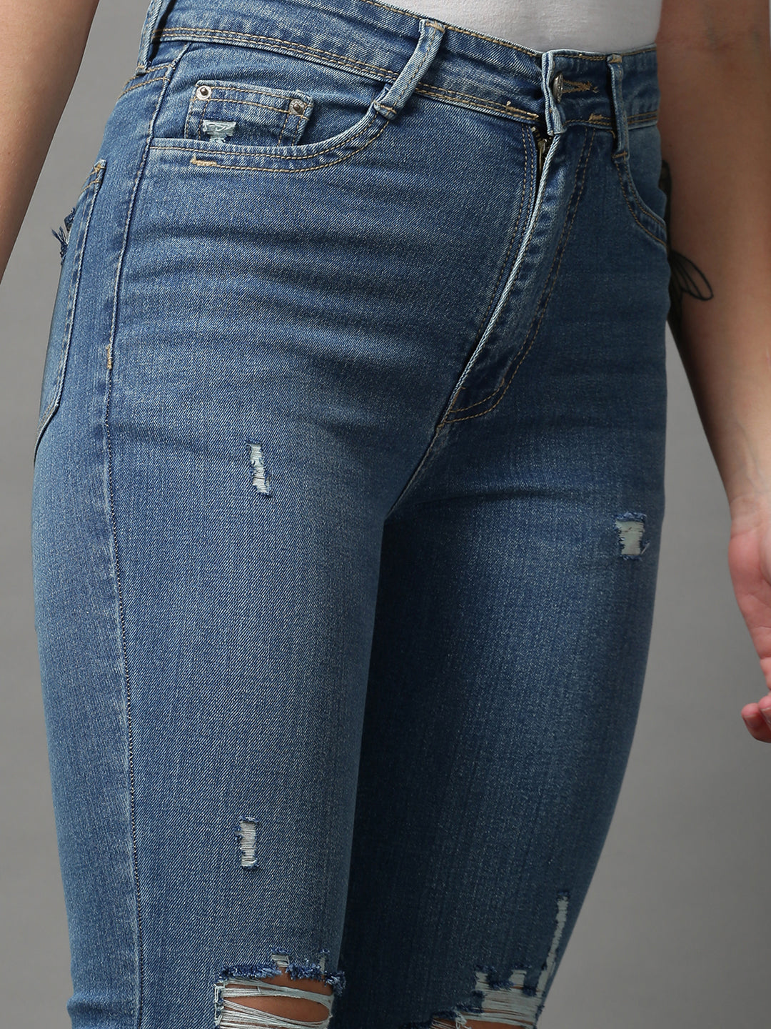 Women's Blue Bootcut Mildly Distressed Light Fade Stretchable Denim Jeans