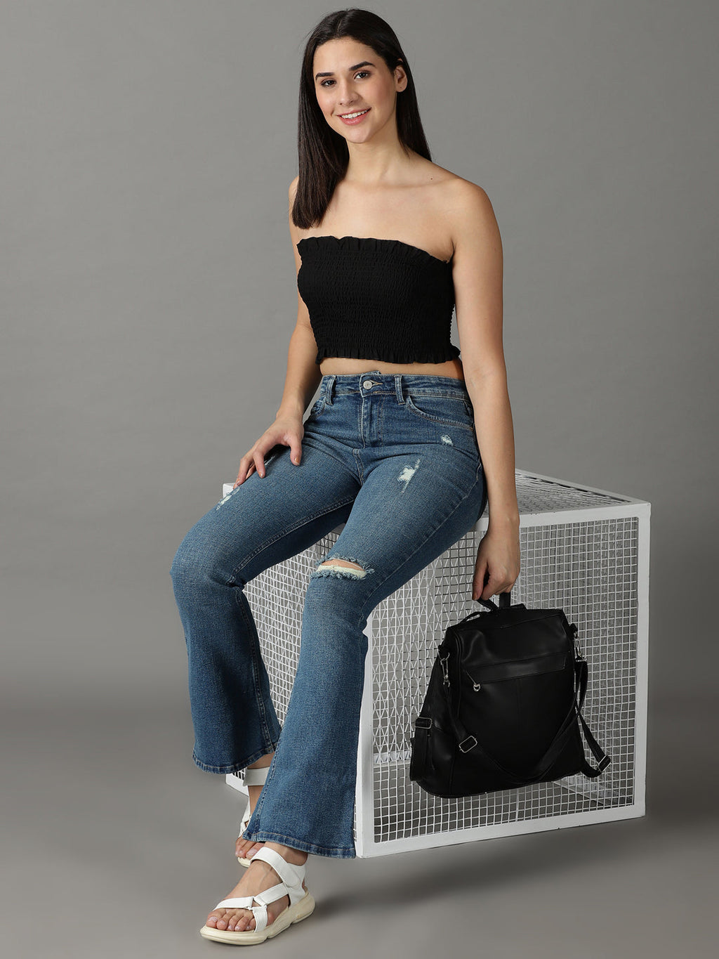 Women's Blue Bootcut Mid-Rise Mildly Distressed Light Fade Stretchable Jeans