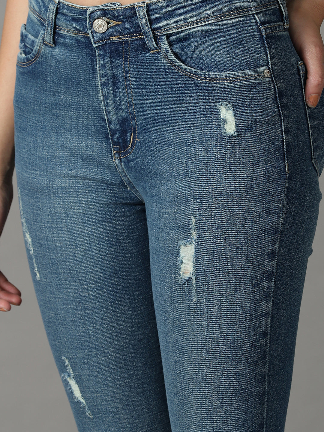 Women's Blue Bootcut Mid-Rise Mildly Distressed Light Fade Stretchable Jeans