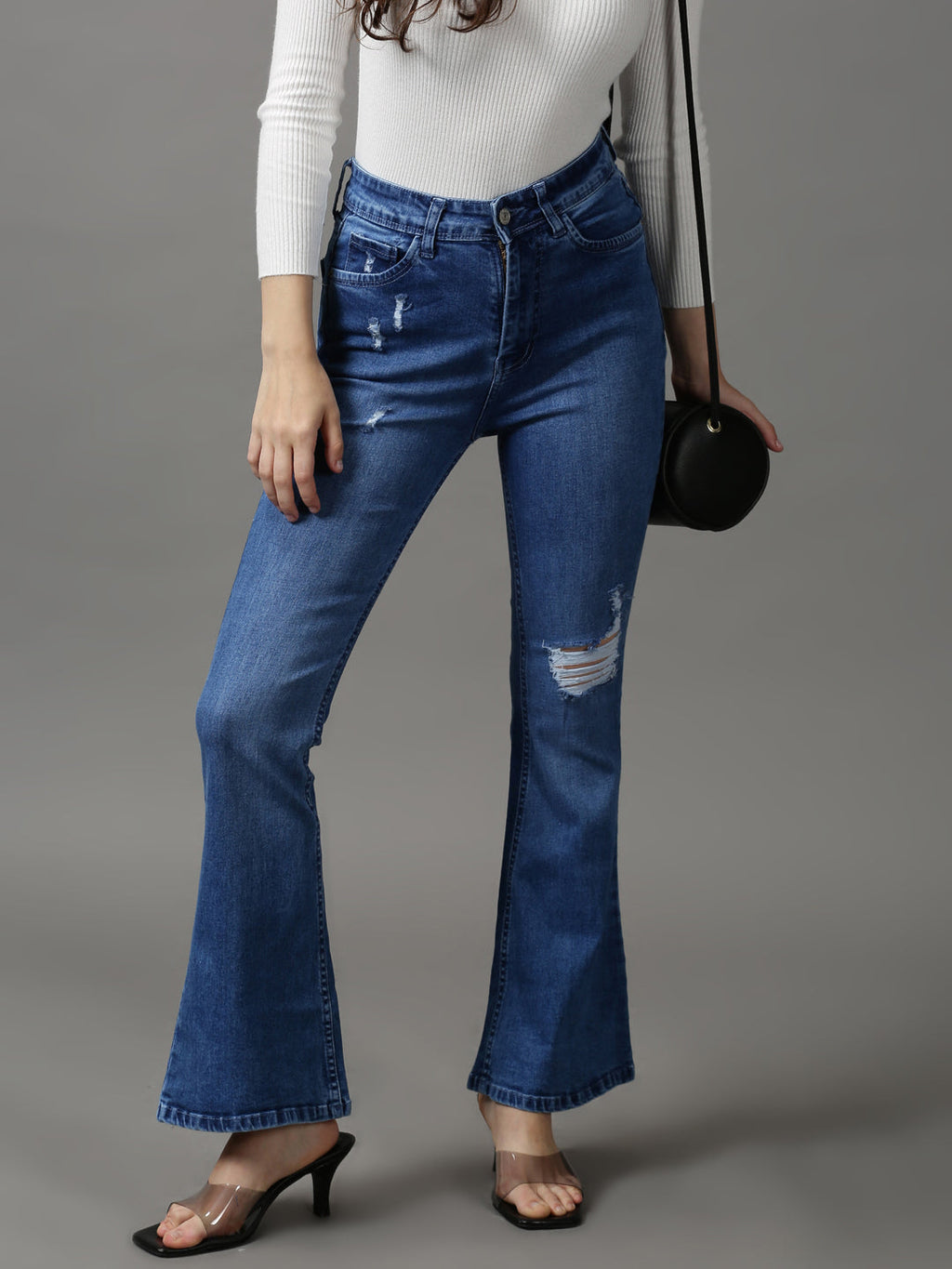 Women's Blue Bootcut Low Distress Light Fade Stretchable Denim Jeans