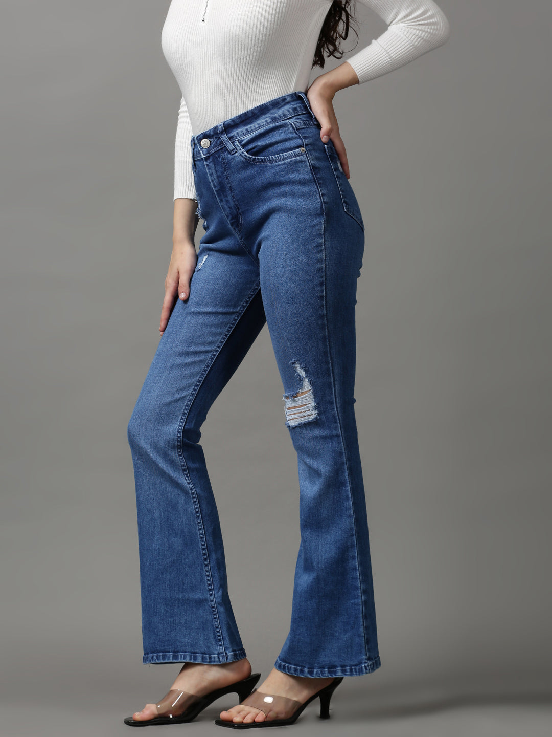 Women's Blue Bootcut Low Distress Light Fade Stretchable Denim Jeans