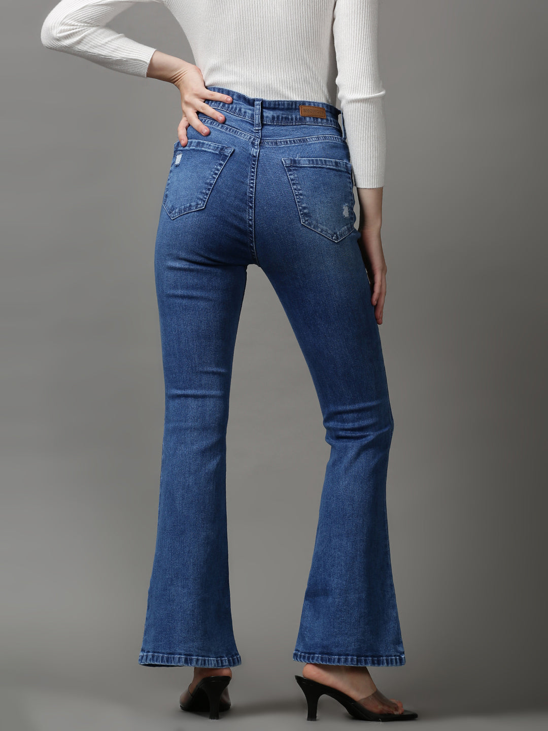 Women's Blue Bootcut Low Distress Light Fade Stretchable Denim Jeans