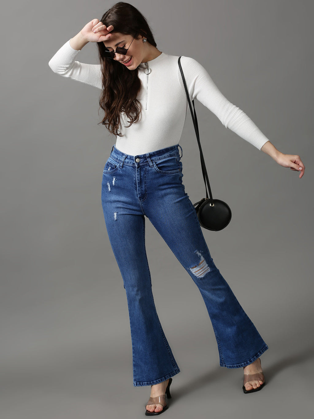 Women's Blue Bootcut Low Distress Light Fade Stretchable Denim Jeans