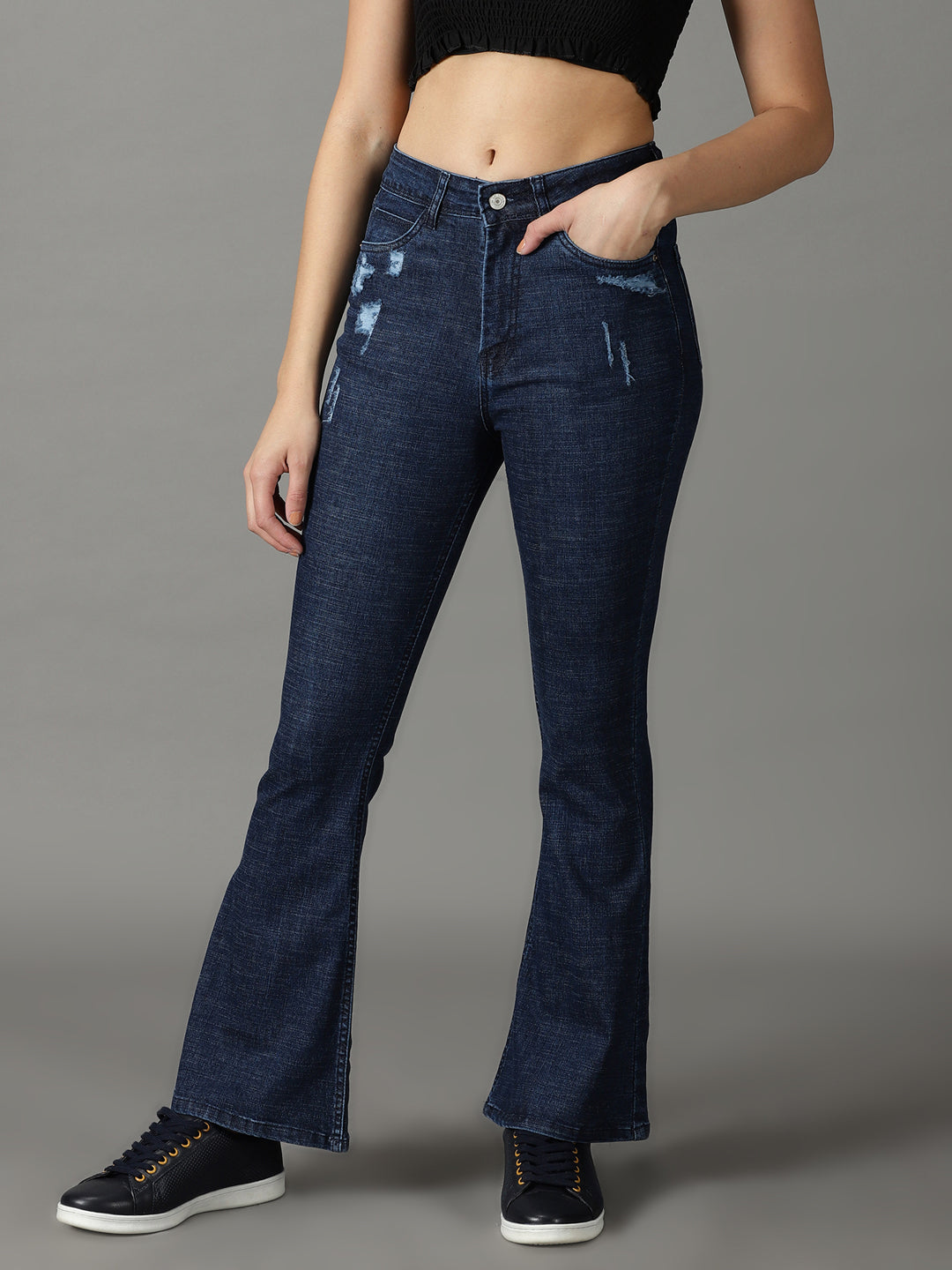 Women's Navy Blue Bootcut Low Distress Light Fade Stretchable Cotton Jeans