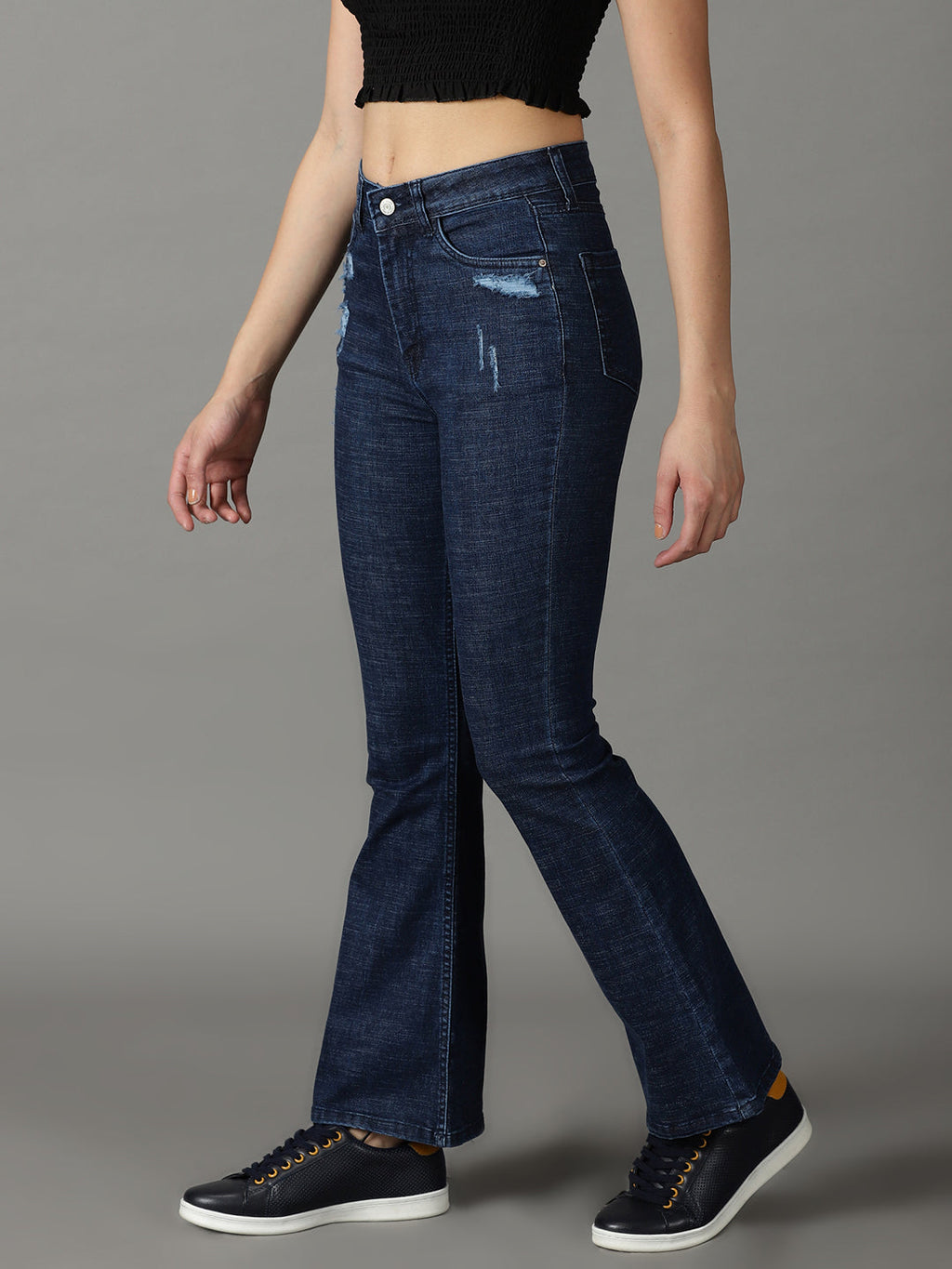 Women's Navy Blue Bootcut Low Distress Light Fade Stretchable Cotton Jeans
