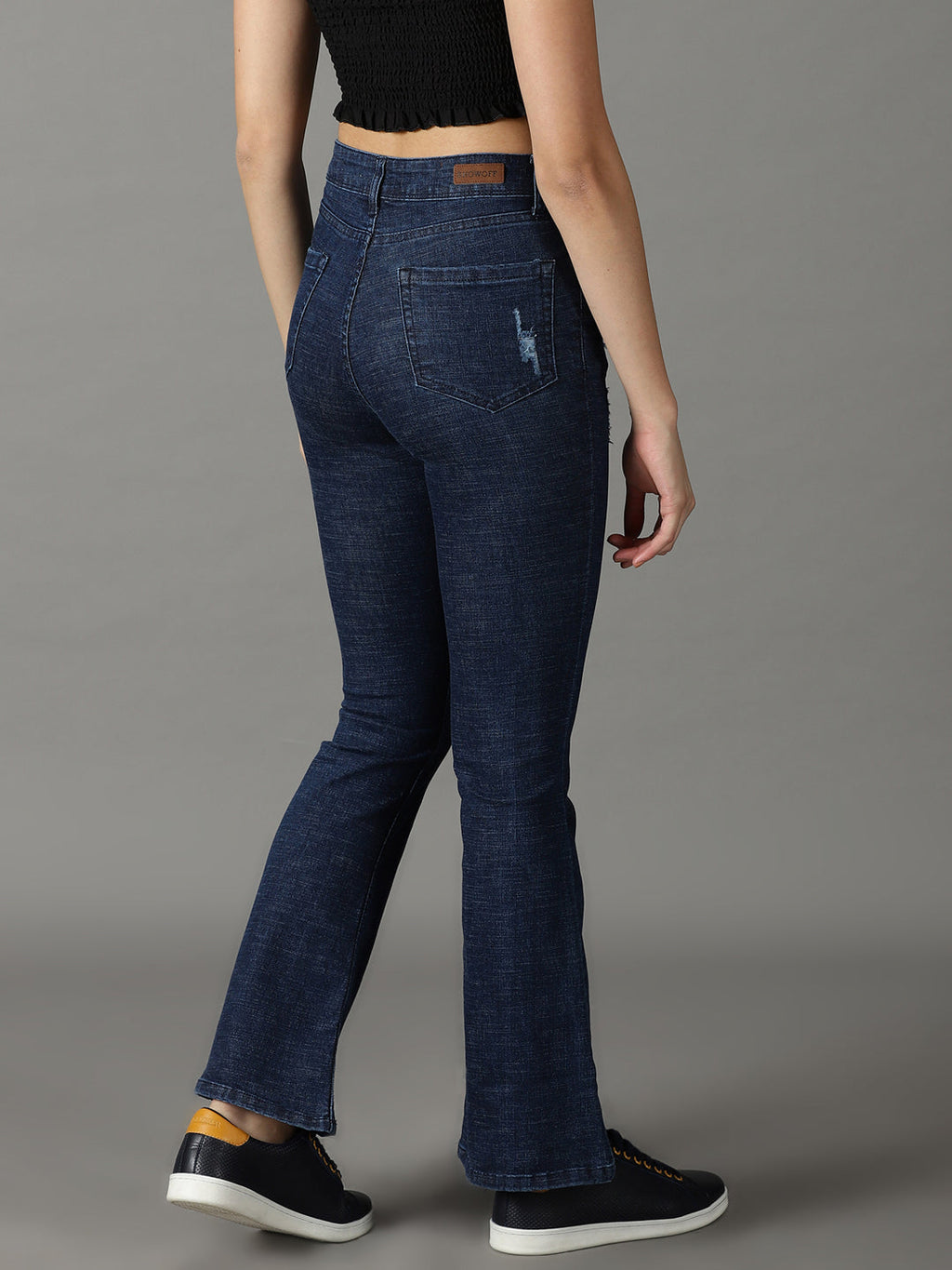 Women's Navy Blue Bootcut Low Distress Light Fade Stretchable Cotton Jeans