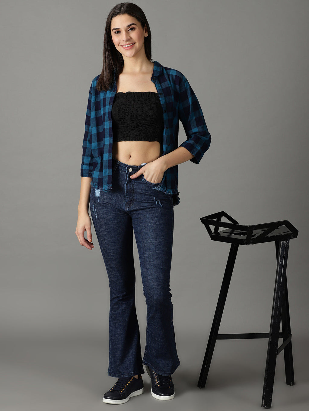 Women's Navy Blue Bootcut Low Distress Light Fade Stretchable Cotton Jeans
