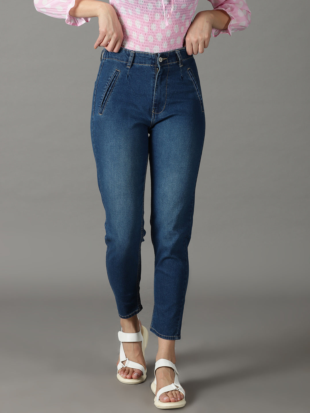 Women's Navy Blue Mom Fit High-Rise Stretchable Jeans