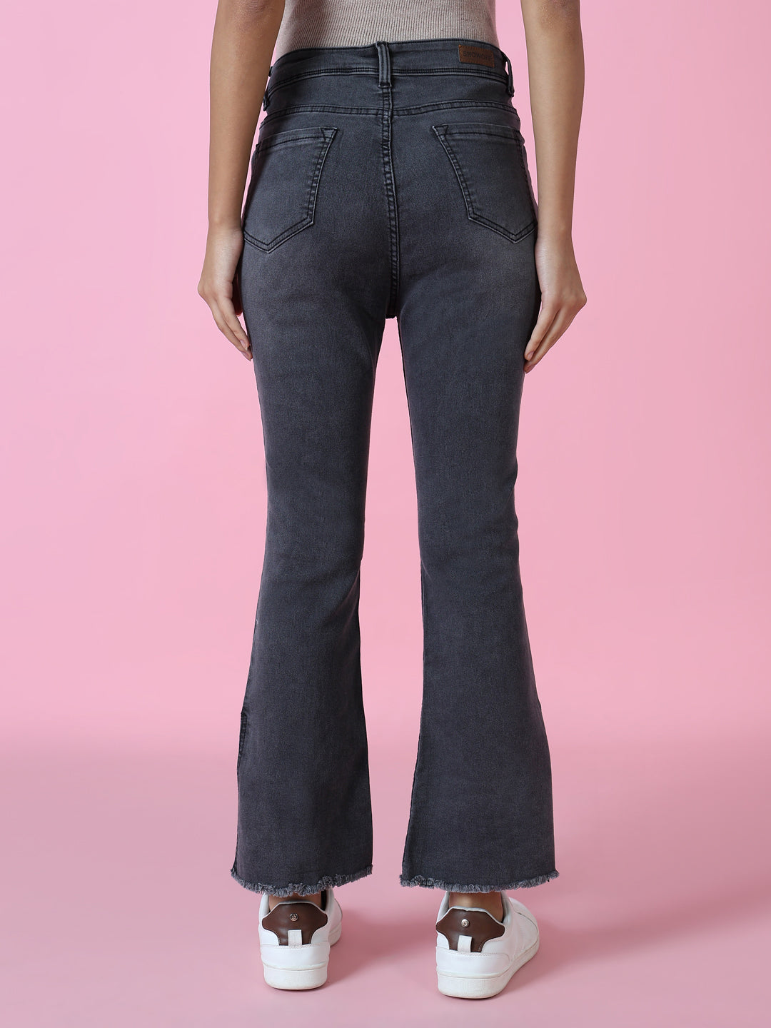 Women's Grey Flared Fit Acid Wash Crinkle Denim Jeans