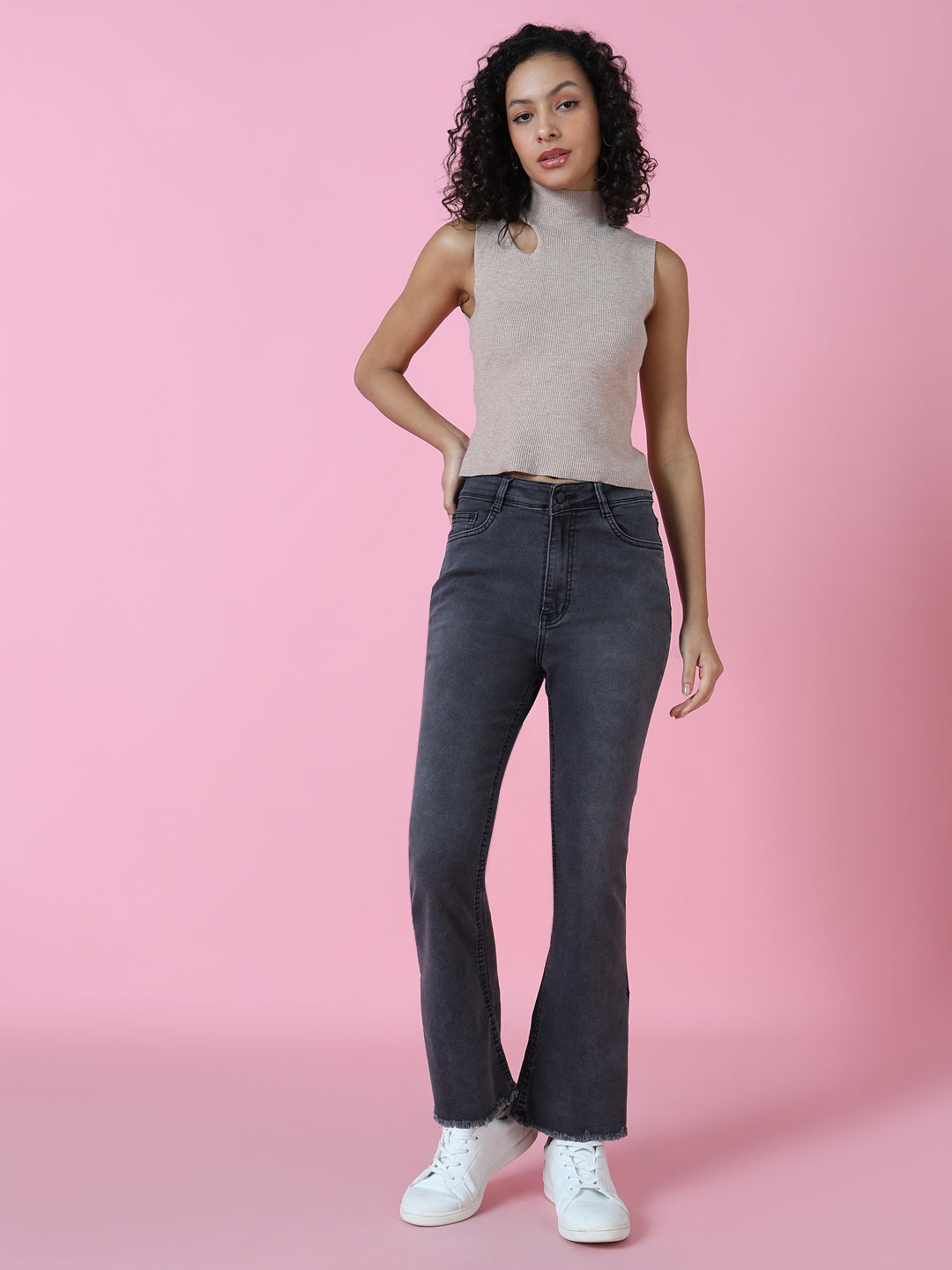 Women's Grey Flared Fit Acid Wash Crinkle Denim Jeans